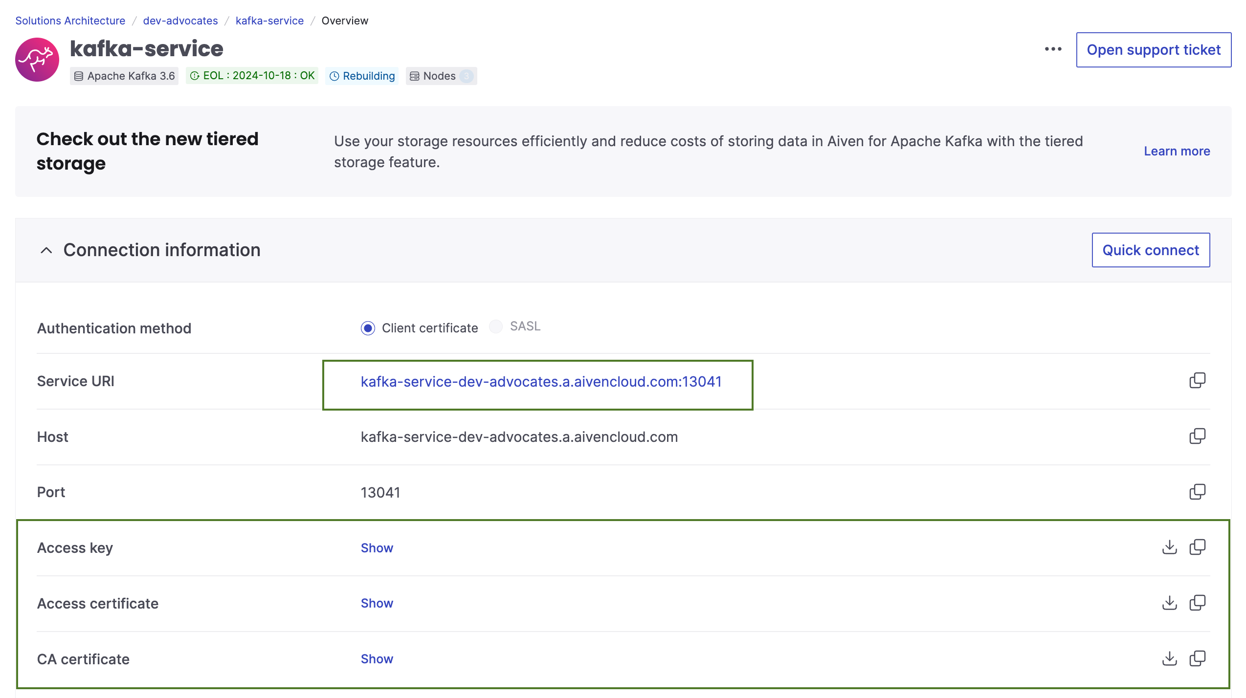 Aiven for Apache Kafka credentials