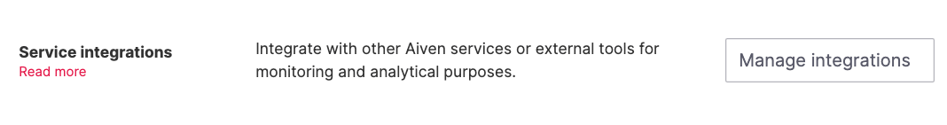 Aiven Console, Service integration section and Manage integrations button