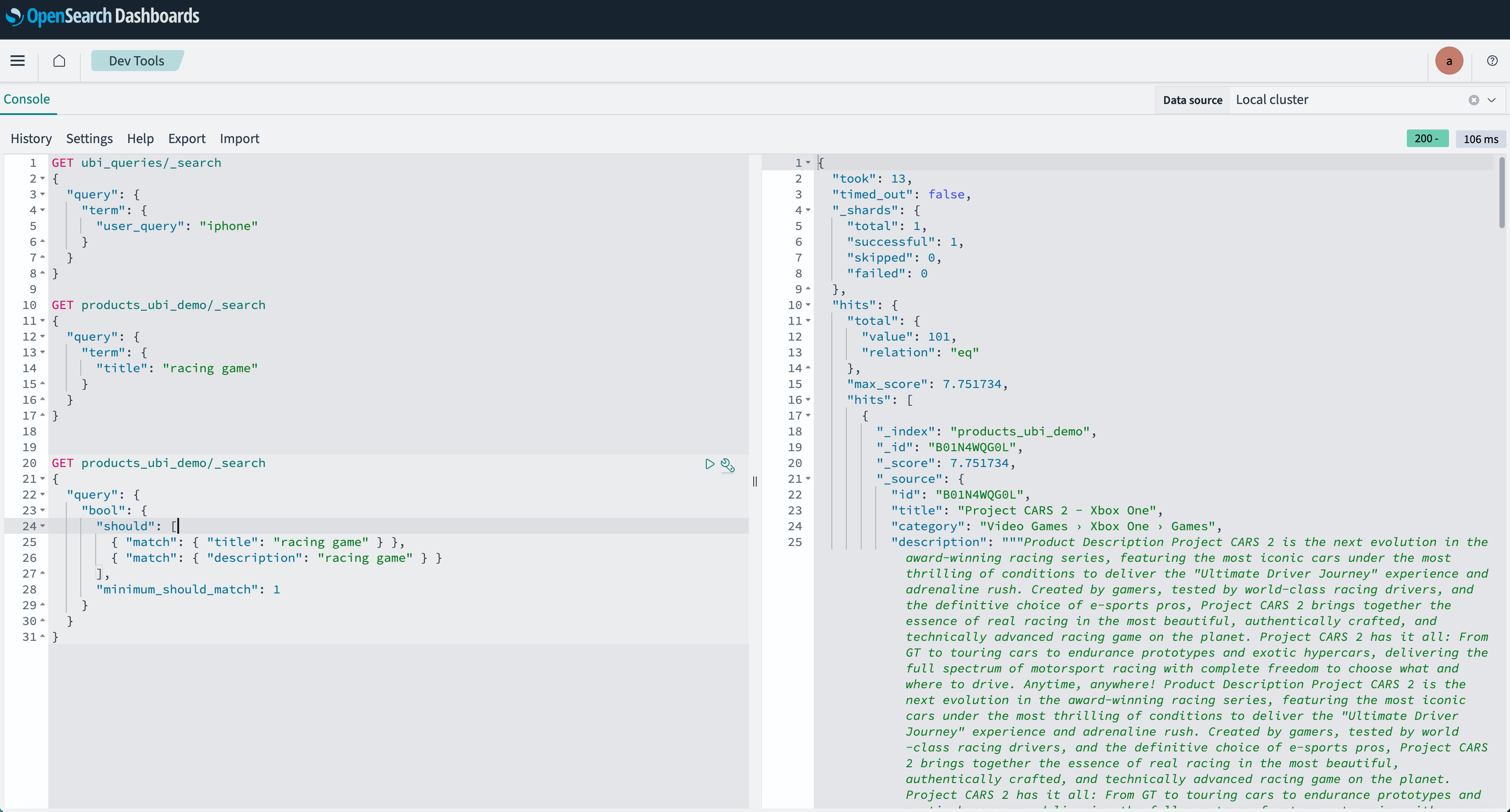 OpenSearch Dashboards — products_ubi_demo