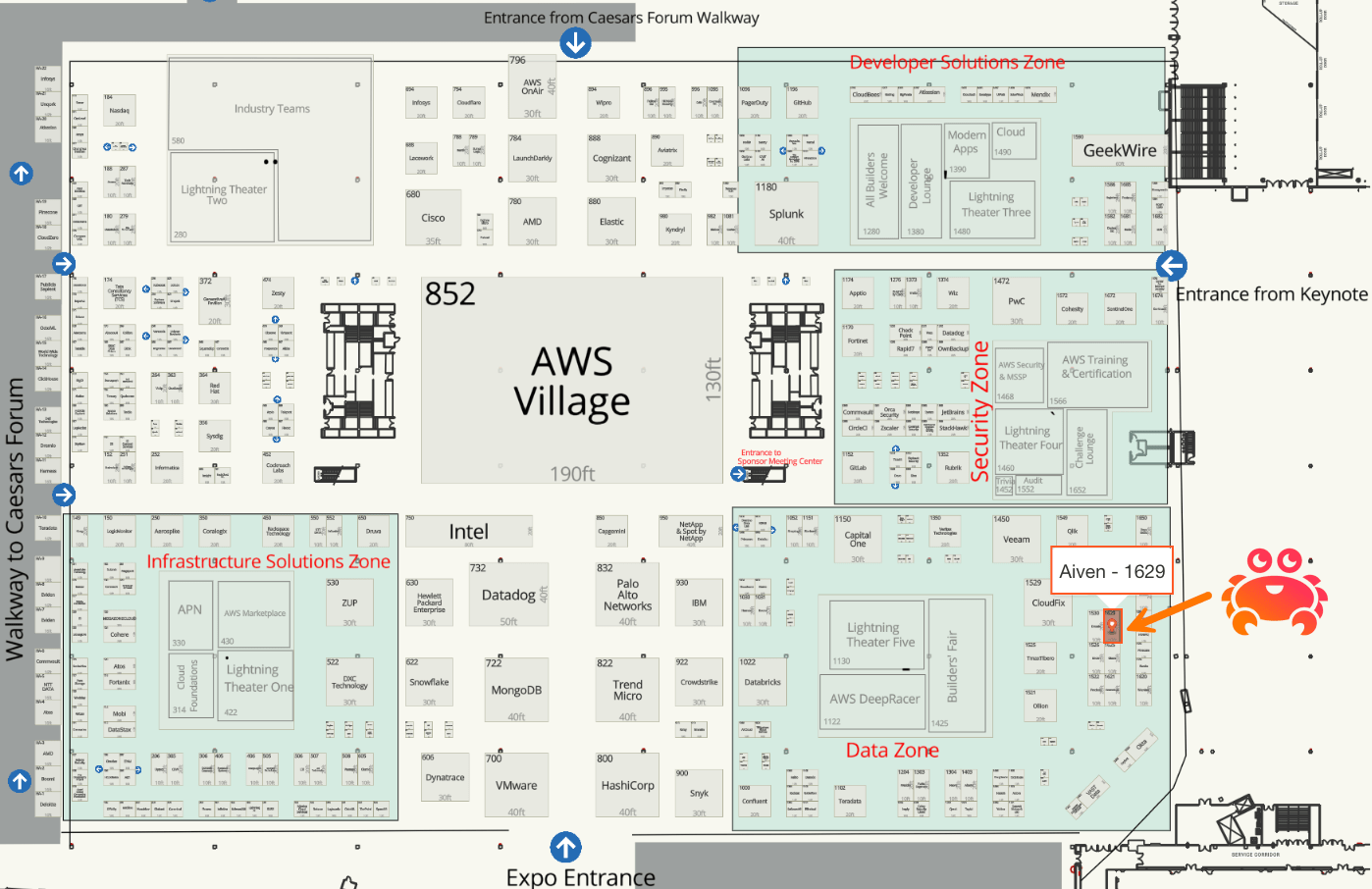 Image showing the AWS re booth floor. Aiven's booth is located in the southeast quadrant of the map, in an area labeled Data Zone. The nearest entrance is the Expo Entrance to the south or the Entrance from Keynote to the east. You can find Aiven at booth 1629.