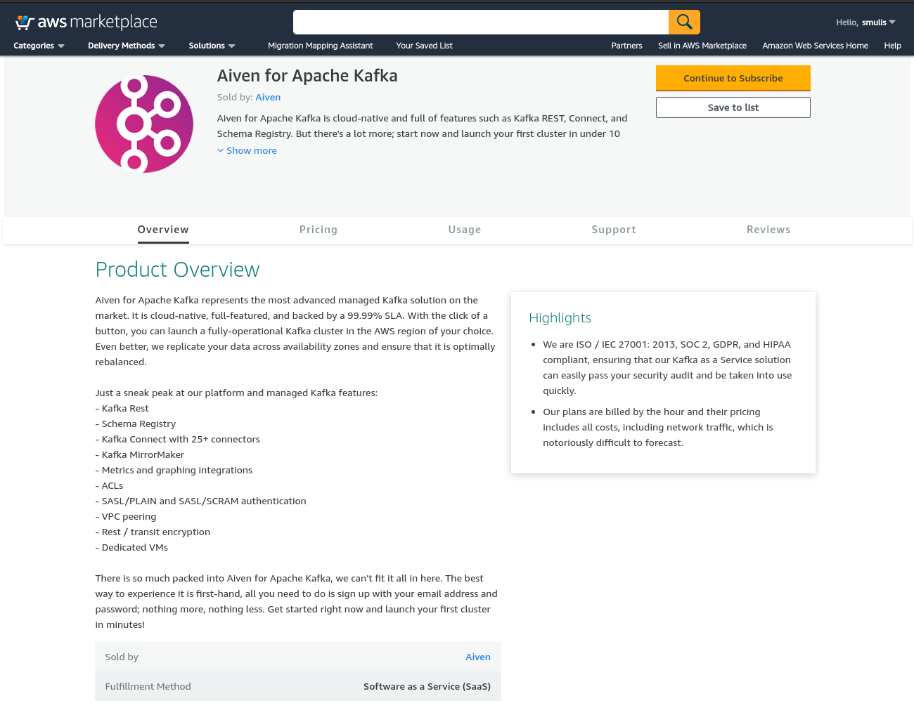 step 1 of subscribing for aiven for apache kafka on aws marketplace