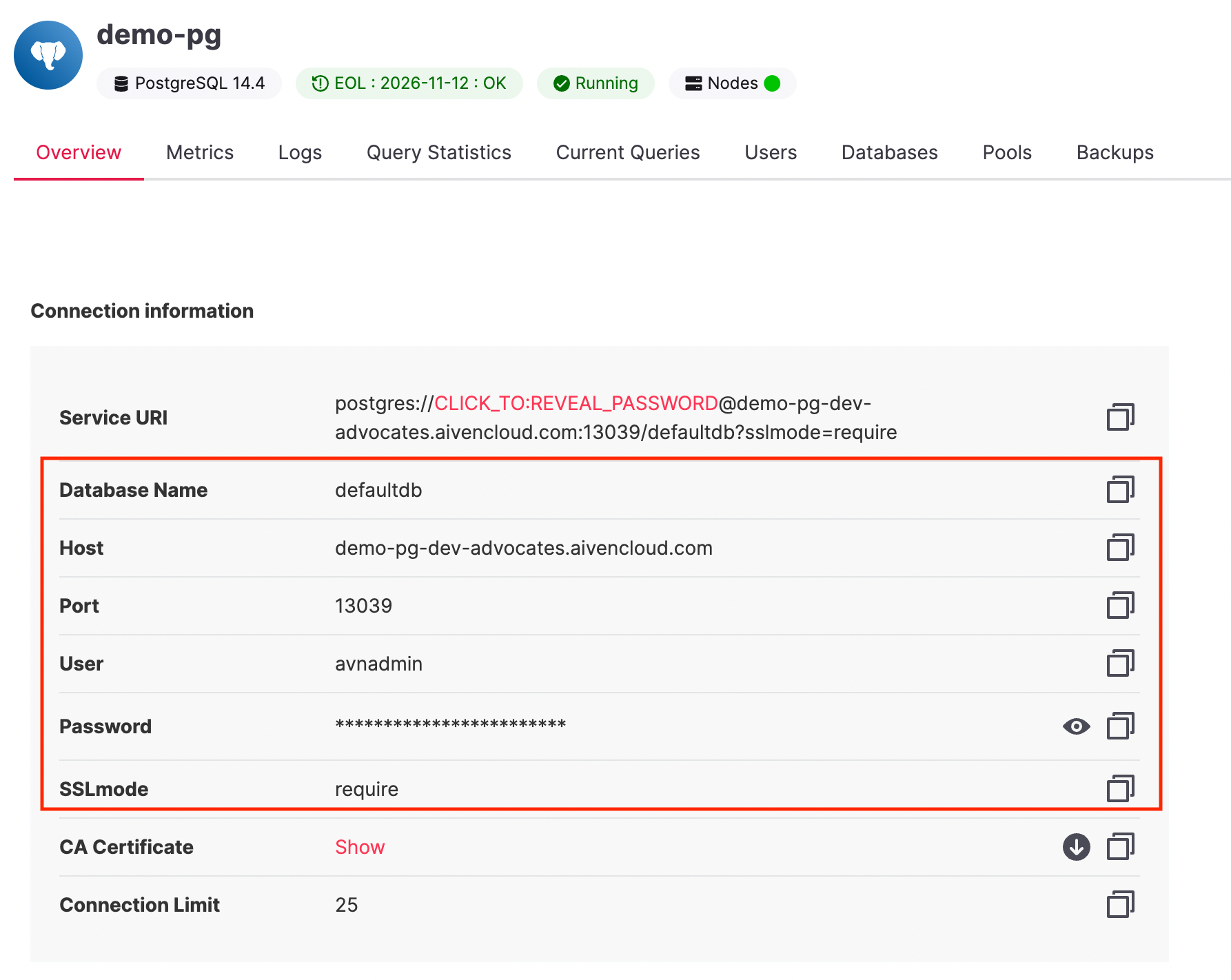 Aiven for Postgres connection page