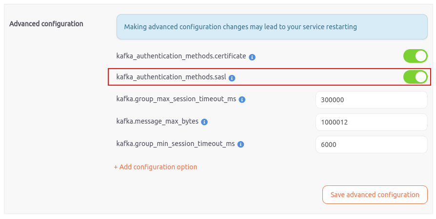 Showing how to enable SASL