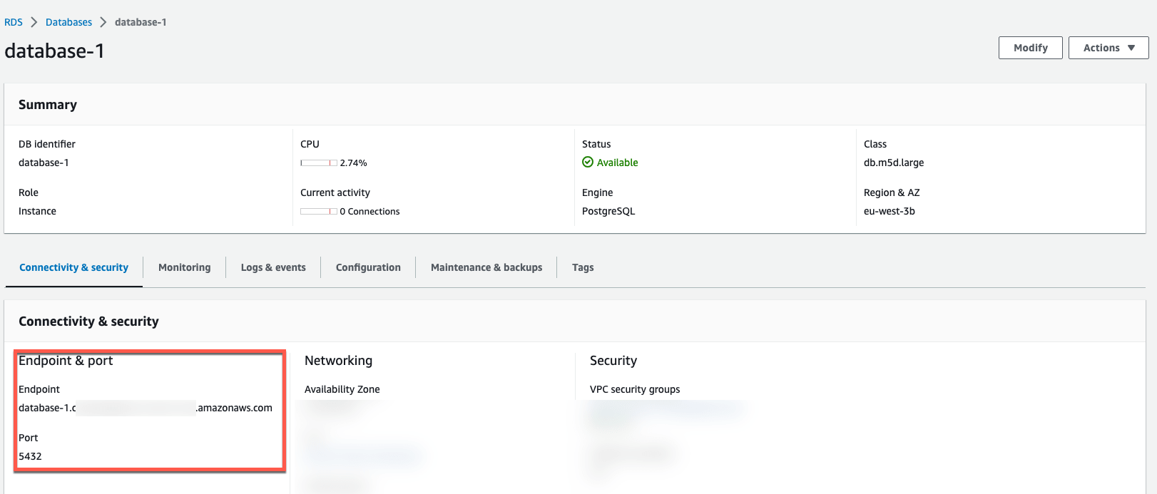 AWS Console showing the database details