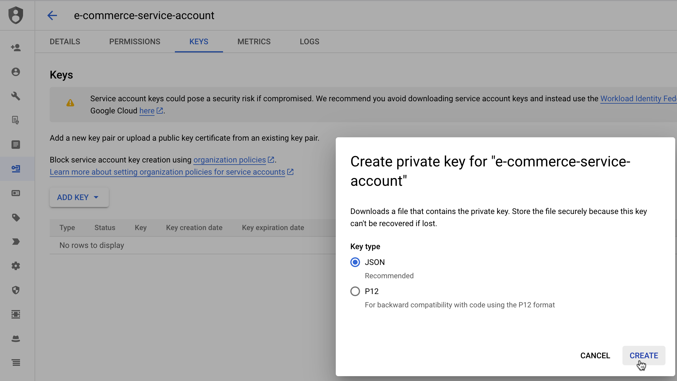 Creating JSON key for the service account