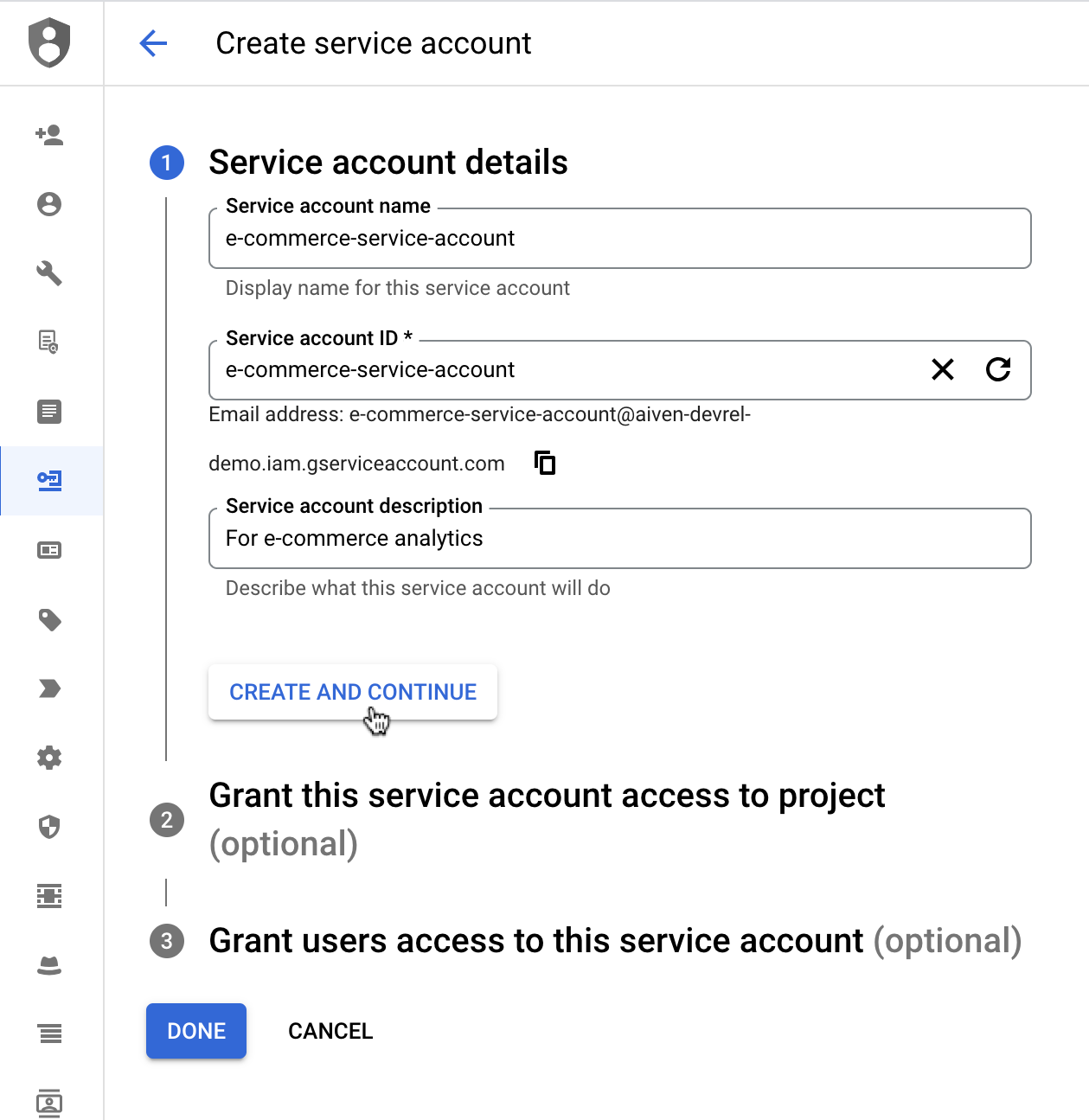 Creating a new service account with Google Cloud