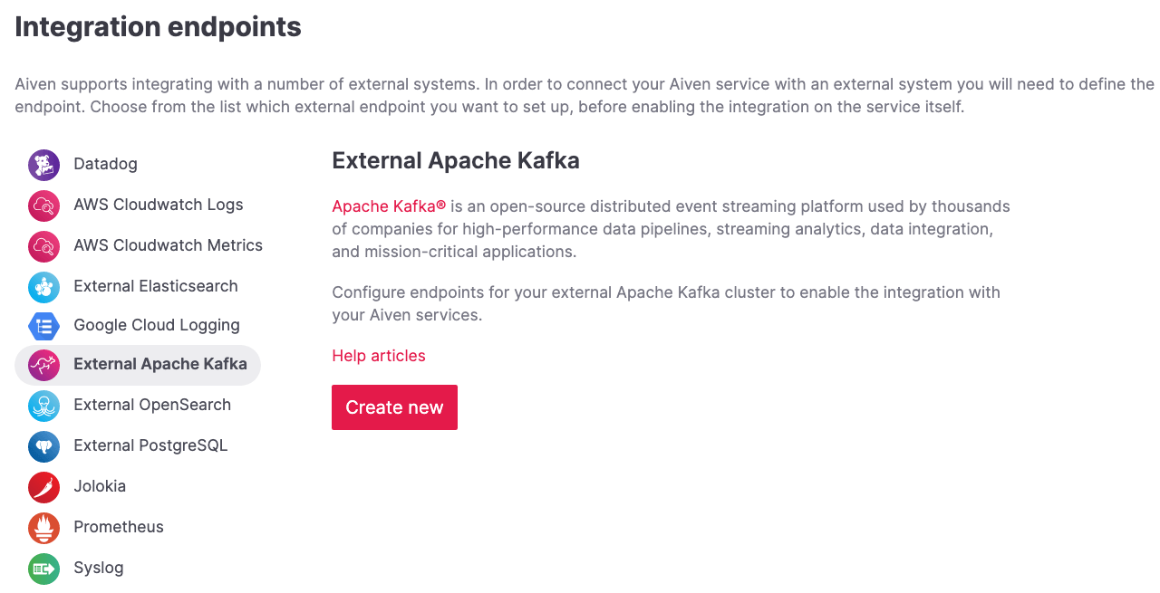 The Aiven Console with the option to create an External Apache Kafka integration highlighted