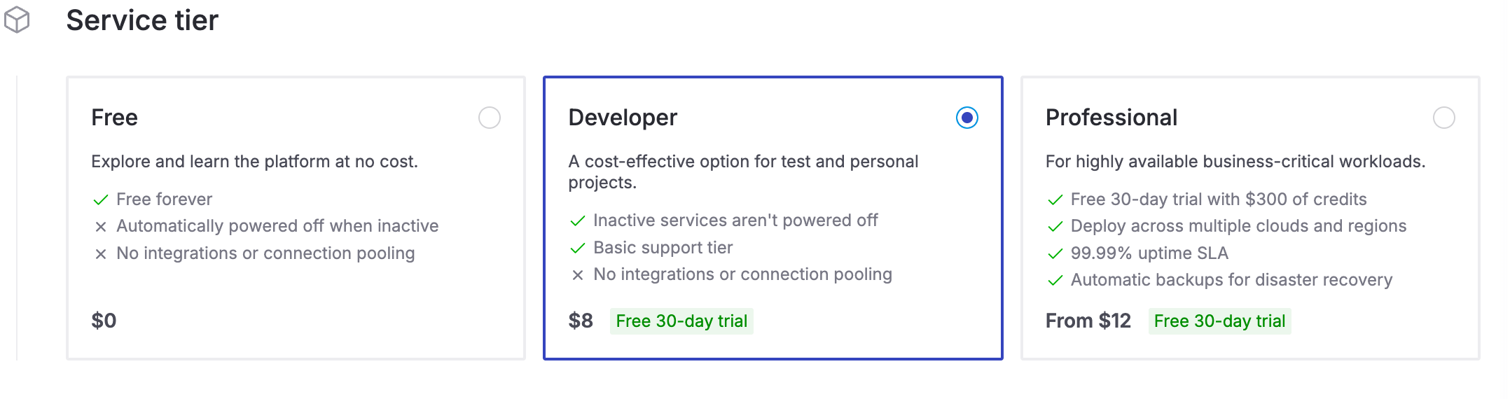 The Aiven Console showing Free, Developer and Professional Tier choices