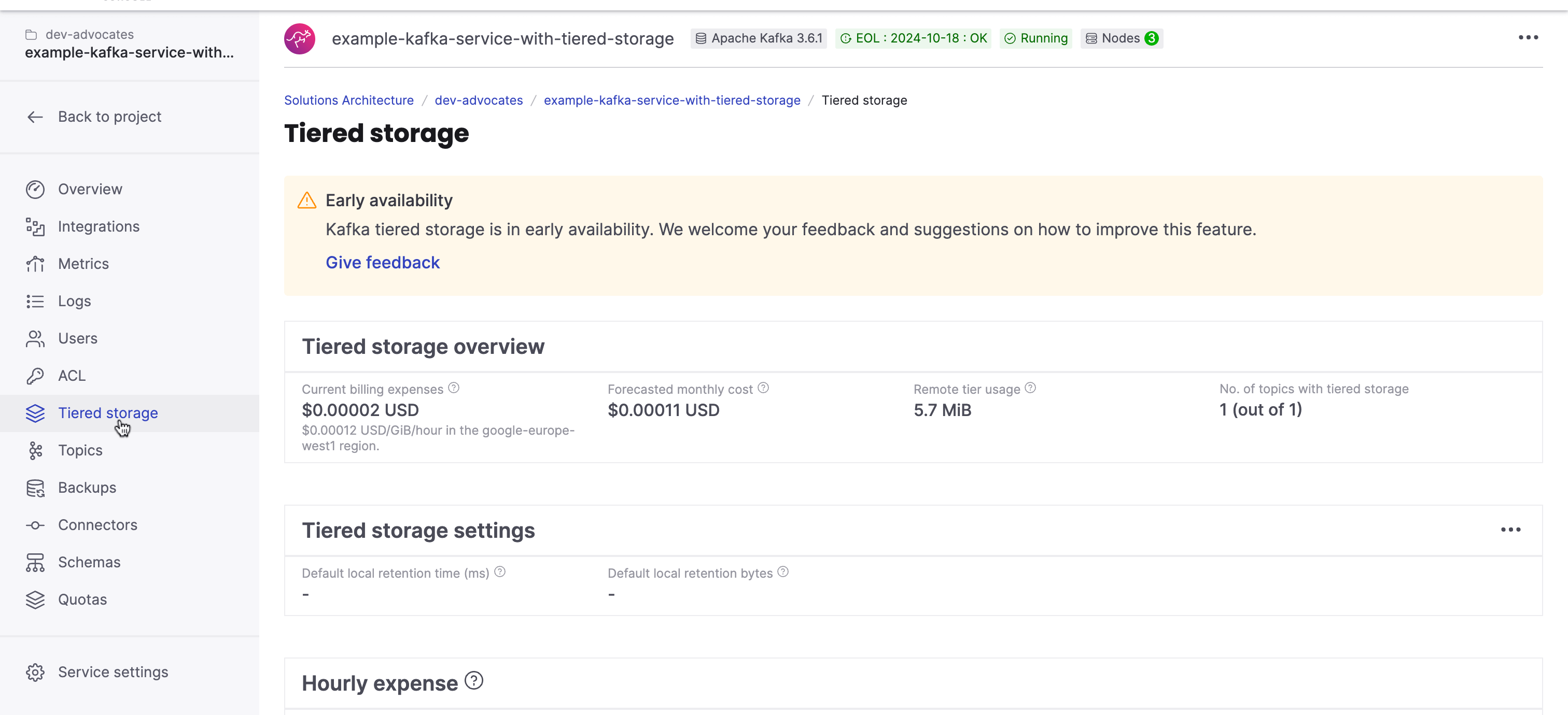 Aiven console tiered storage section showing prediction for costs
