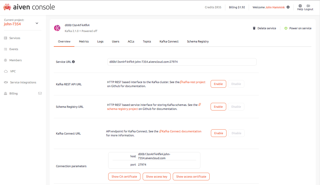 image of service overview pane in aiven console