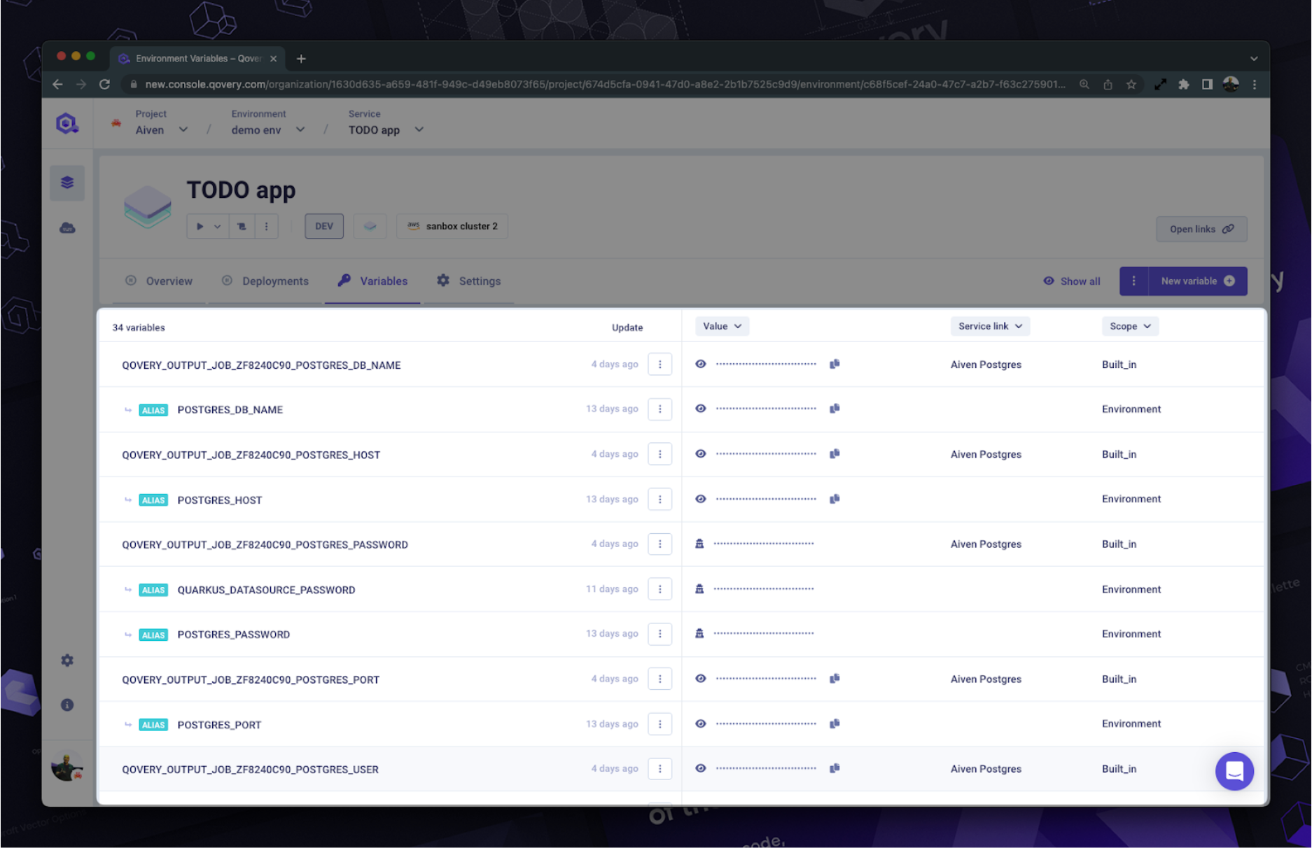 Screenshot of Qovery's updated UI showing managed services