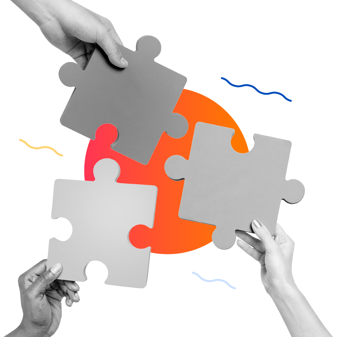 Hands connect giant jigsaw pieces, working together on open source solutions