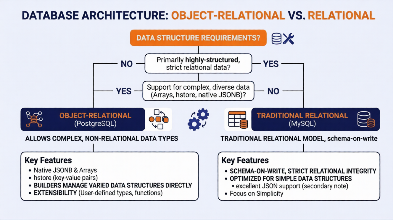 Decision tree diagram comparing PostgreSQL vs MySQL features based on complex vs strict data structure requirements.