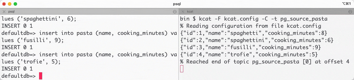 Gif showing Postgresql insert and related rows flowing in Kafka via kcat