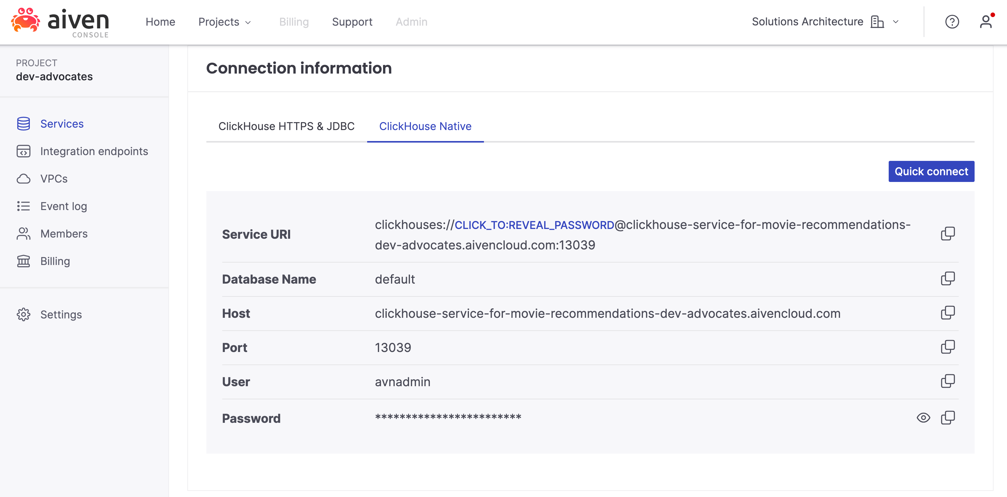 Where to find ClickHouse connection properties