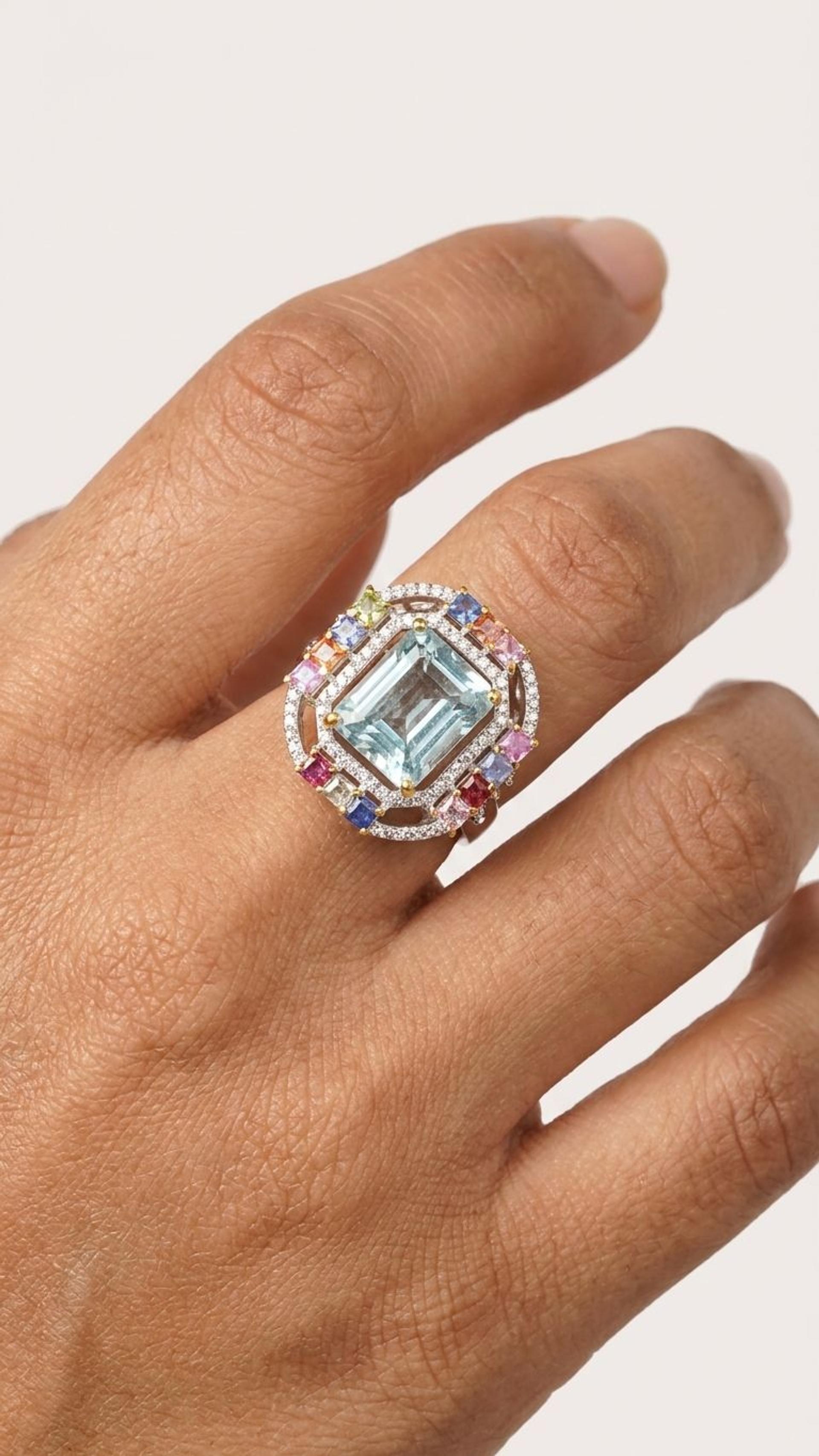 Aquamarine Multi Sapphire Ring view 2 — Rings in 92.5 Sterling Silver