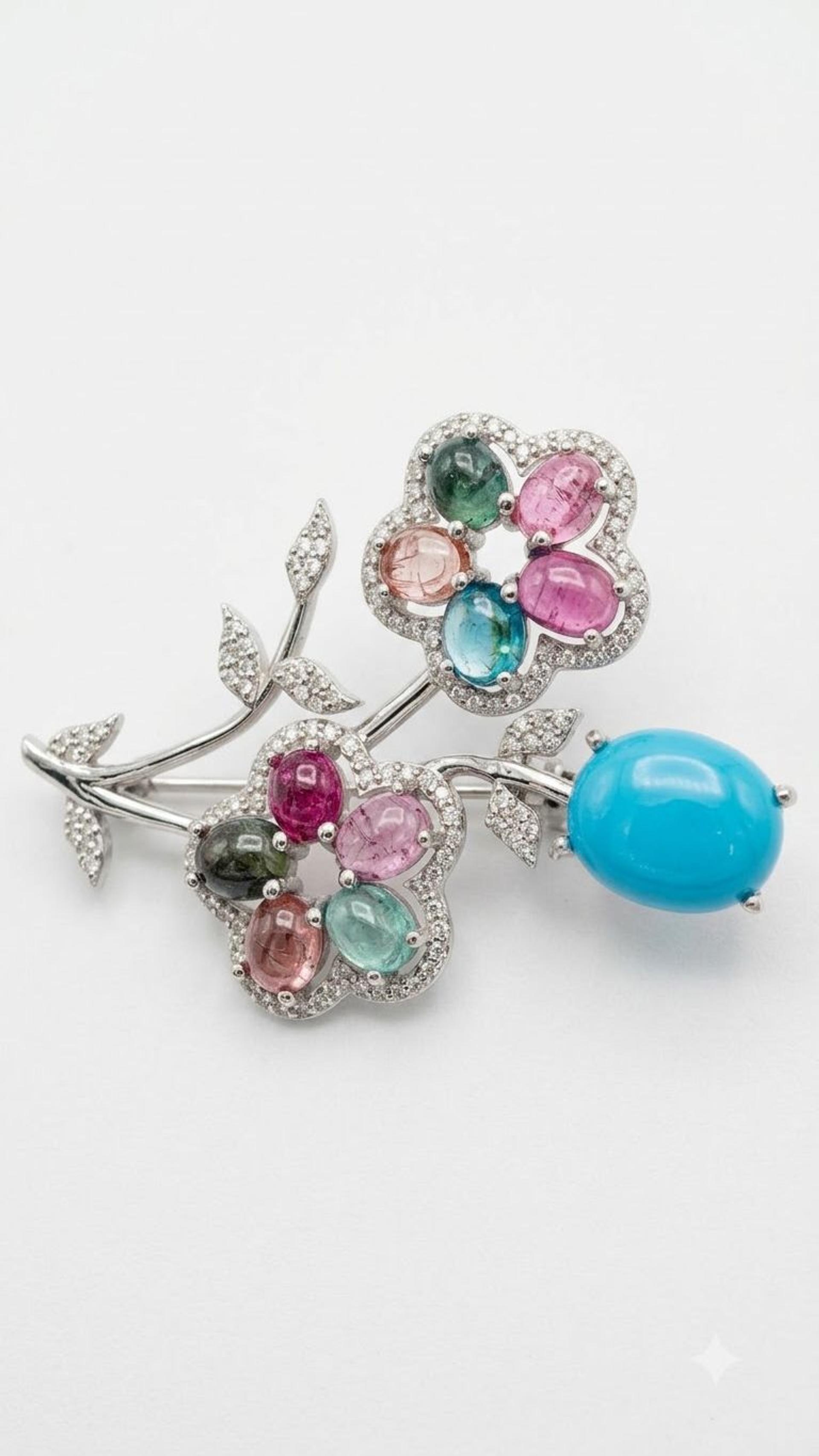 Tourmaline Turquoise Brooche view 3 — Brooches in 92.5 Sterling Silver