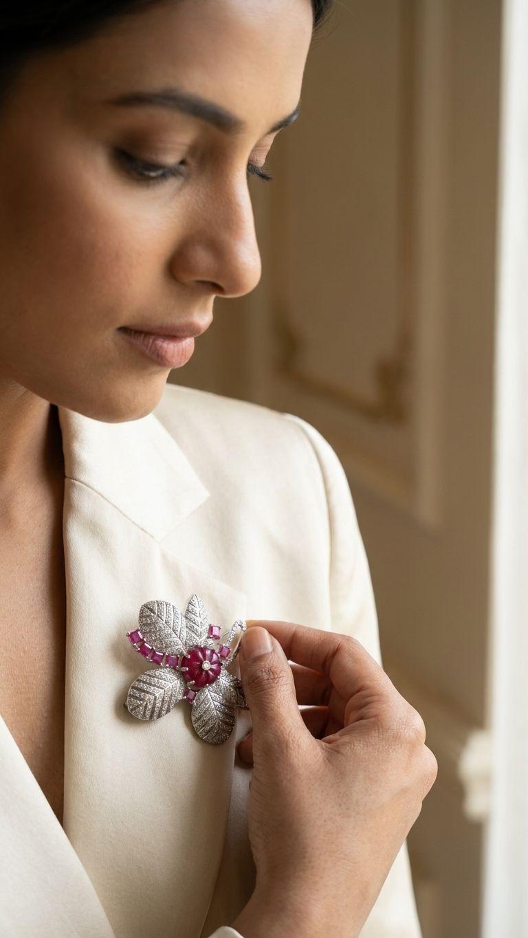 Ruby Ruby Ruby Carbeen Brooch in 92.5 Sterling Silver — Surya Jewellers Jaipur