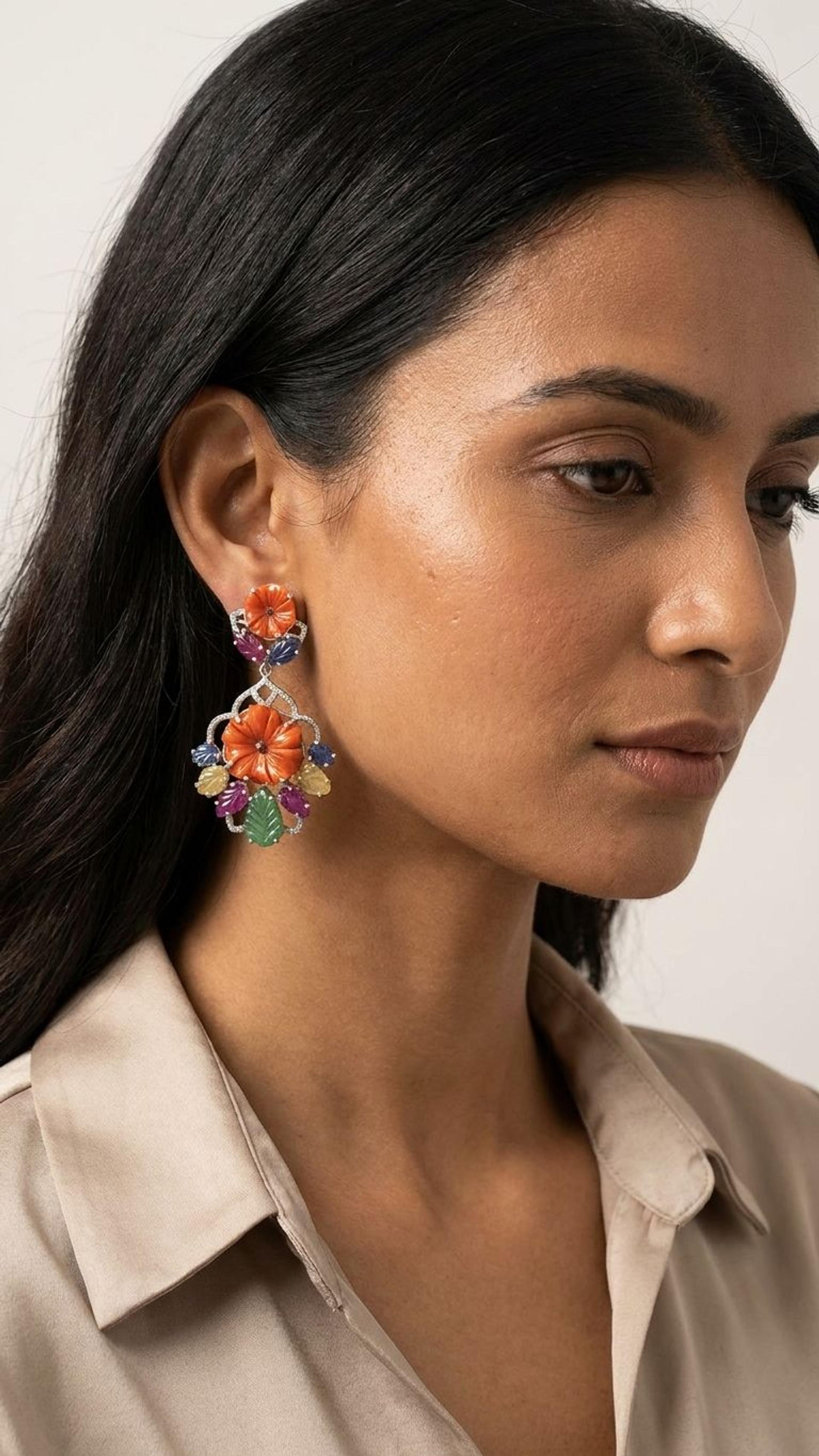 Coral Multi Sapphire Earrings view 2 — Earrings in 92.5 Sterling Silver