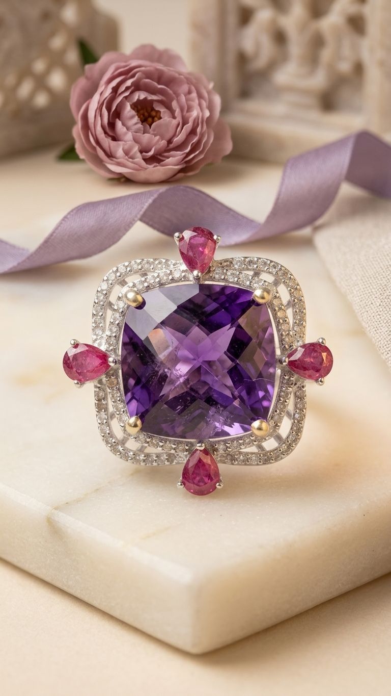 Amethyst Ruby Ring view 3 — Rings in 92.5 Sterling Silver