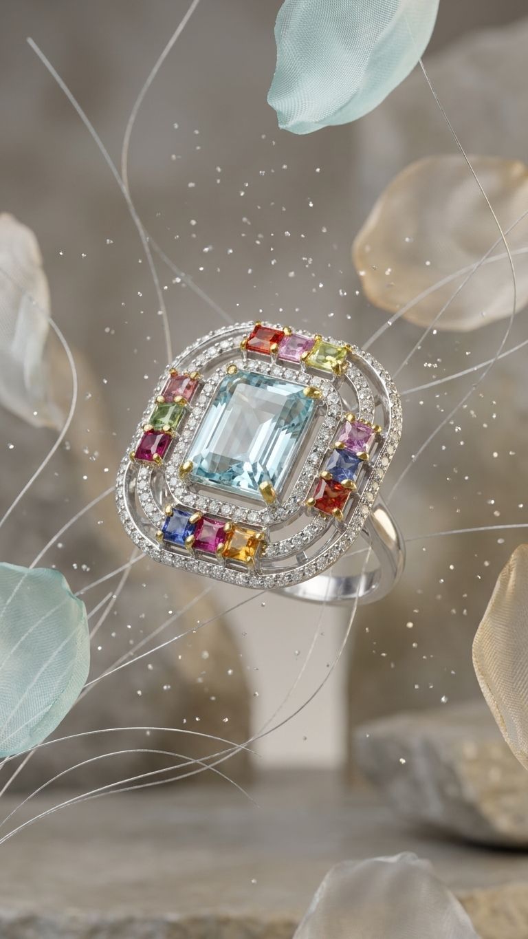 Aquamarine Multi Sapphire Ring view 3 — Rings in 92.5 Sterling Silver