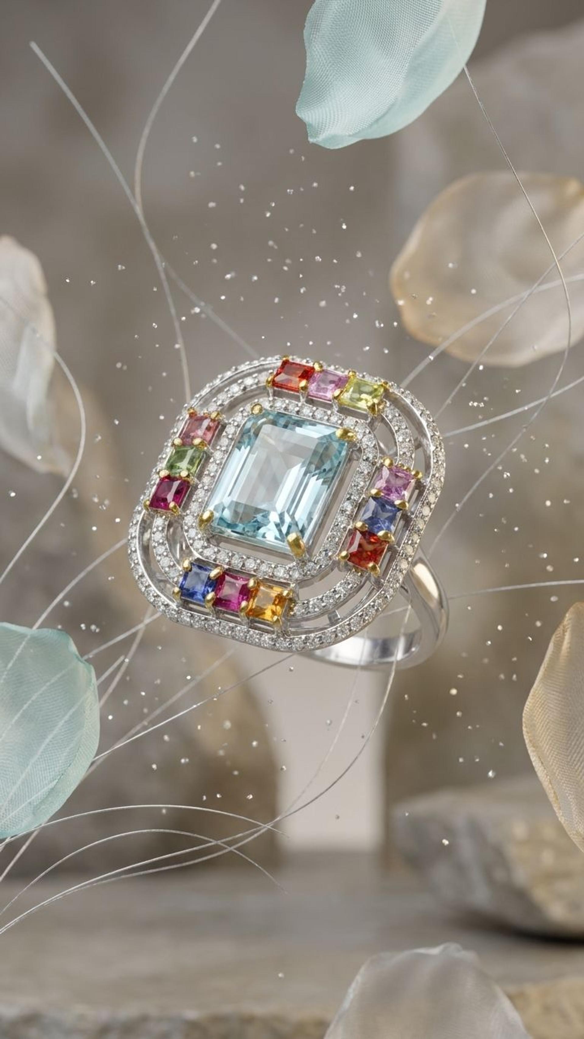Aquamarine Multi Sapphire Ring view 3 — Rings in 92.5 Sterling Silver