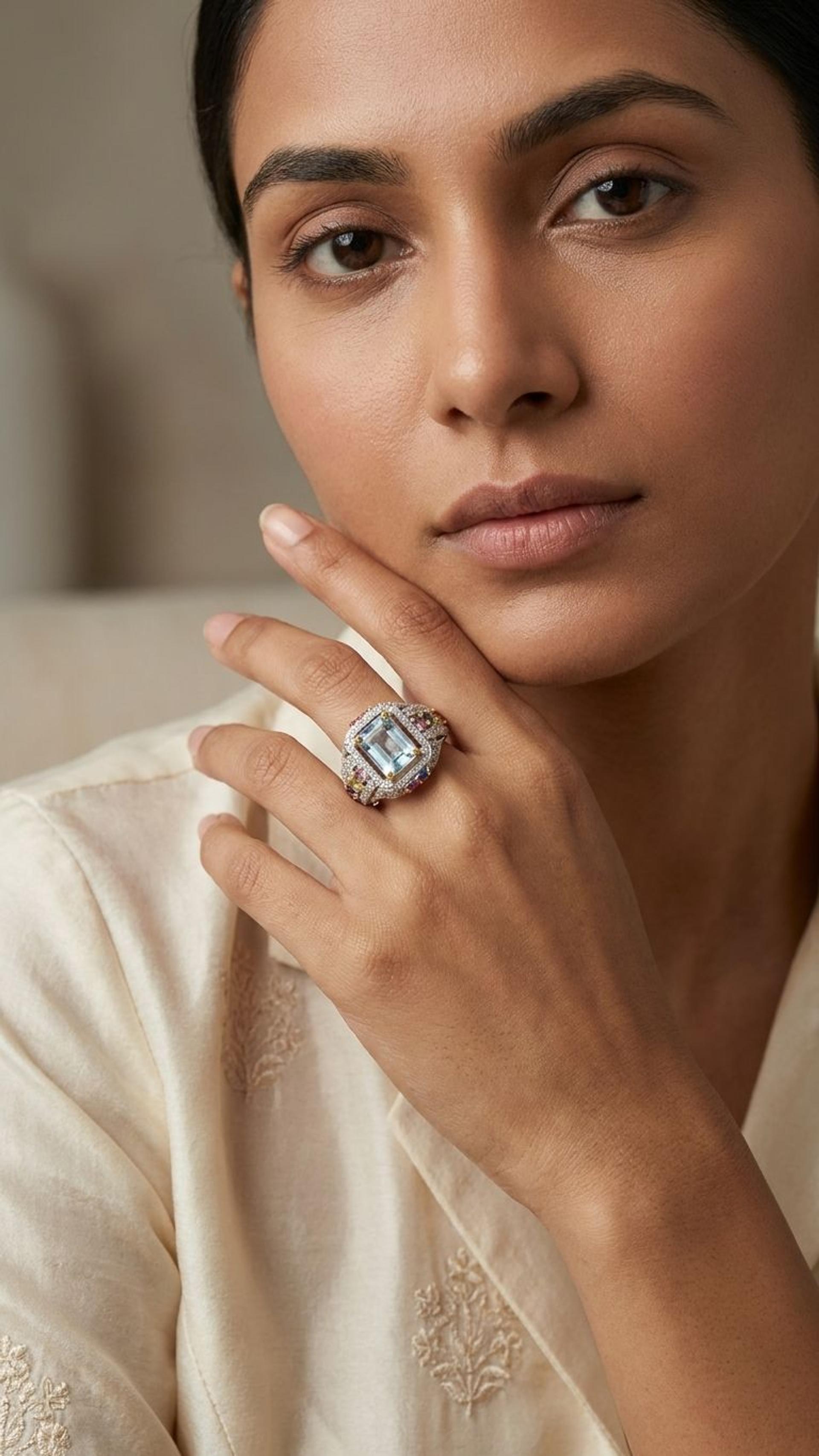 Aquamarine Multi Sapphire Ring view 2 — Rings in 92.5 Sterling Silver