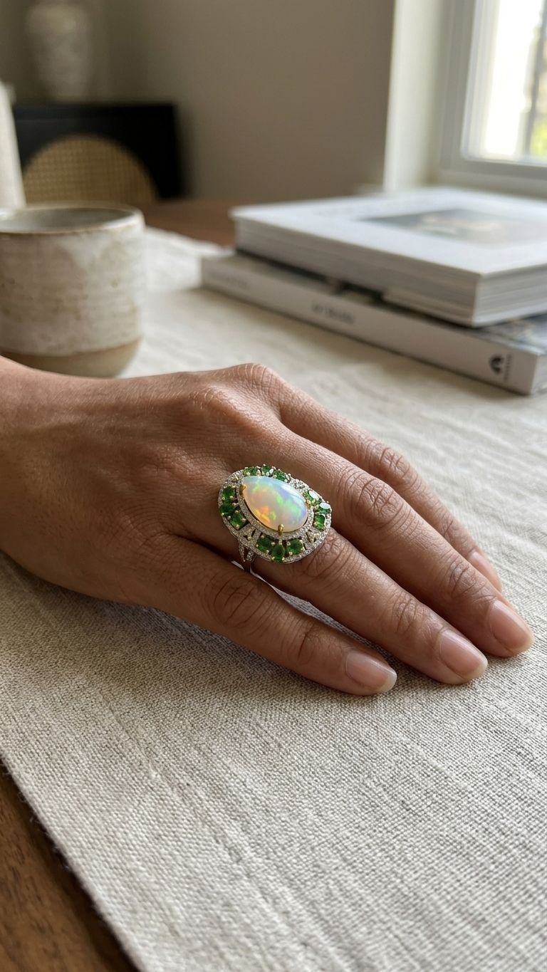 Tsavorite White Opal Ring view 3 — Rings in 92.5 Sterling Silver