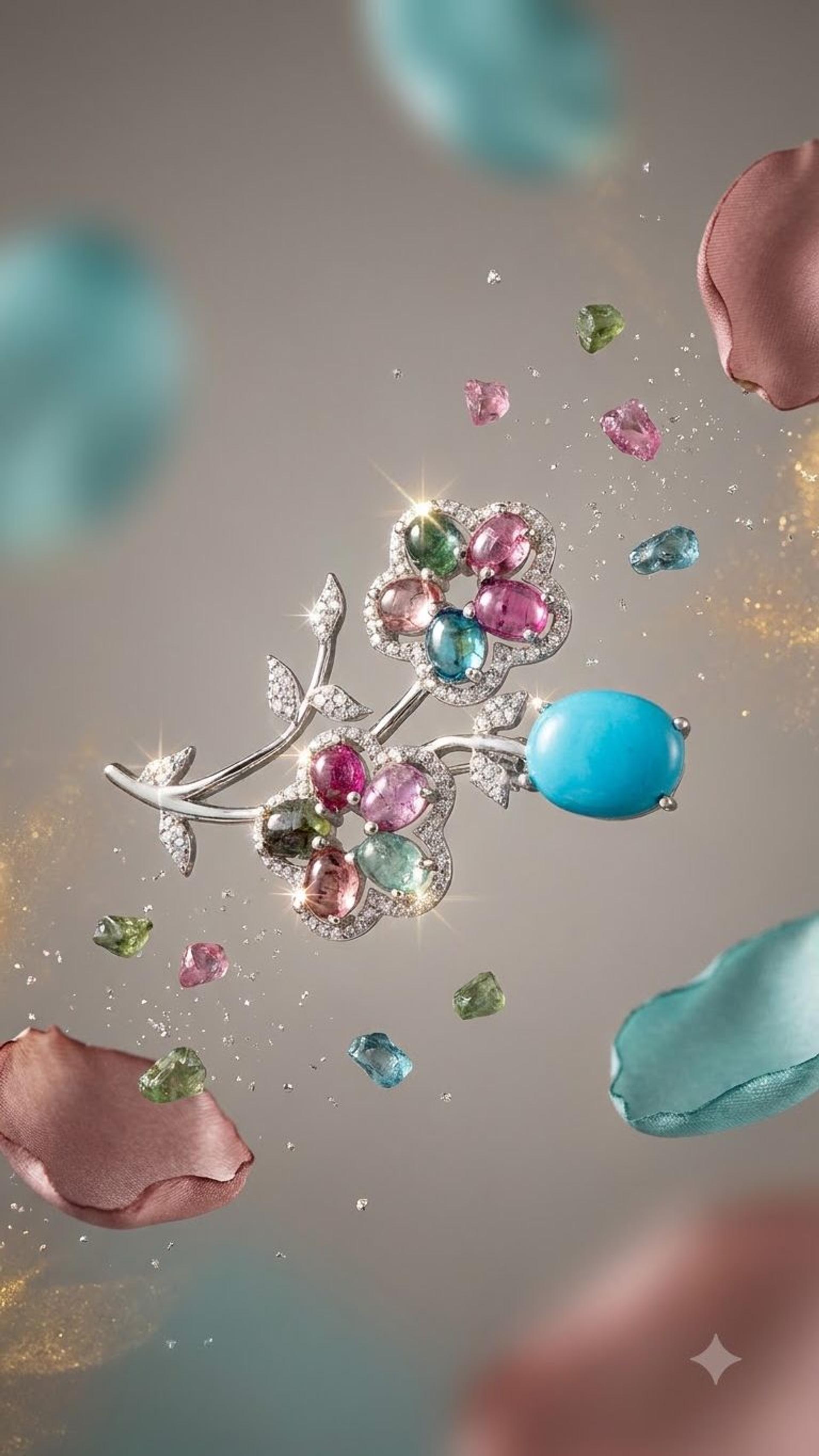 Tourmaline Turquoise Brooche view 4 — Brooches in 92.5 Sterling Silver