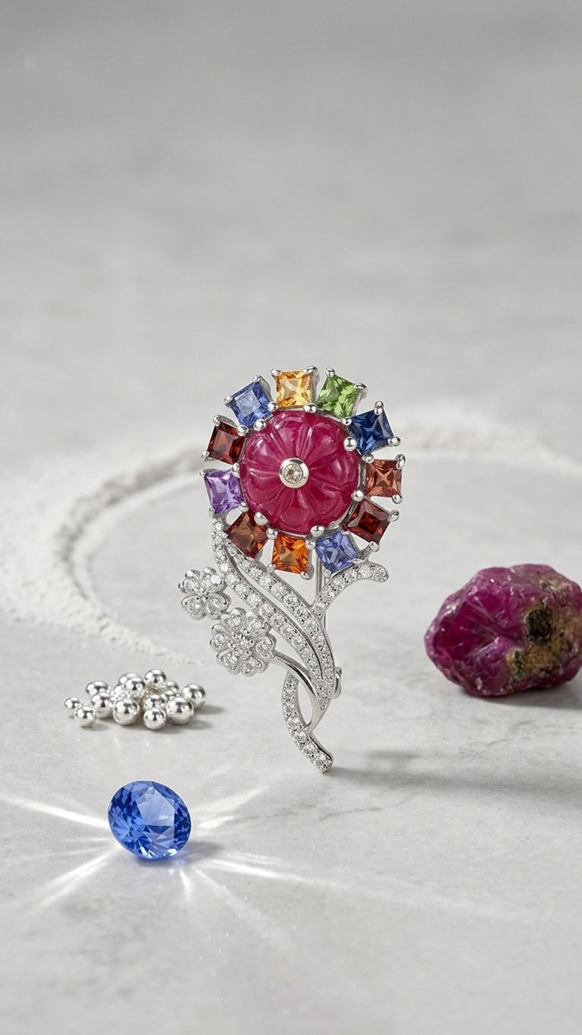 Multi Sapphire Ruby Carbeen Brooch view 2 — Brooches in 92.5 Sterling Silver