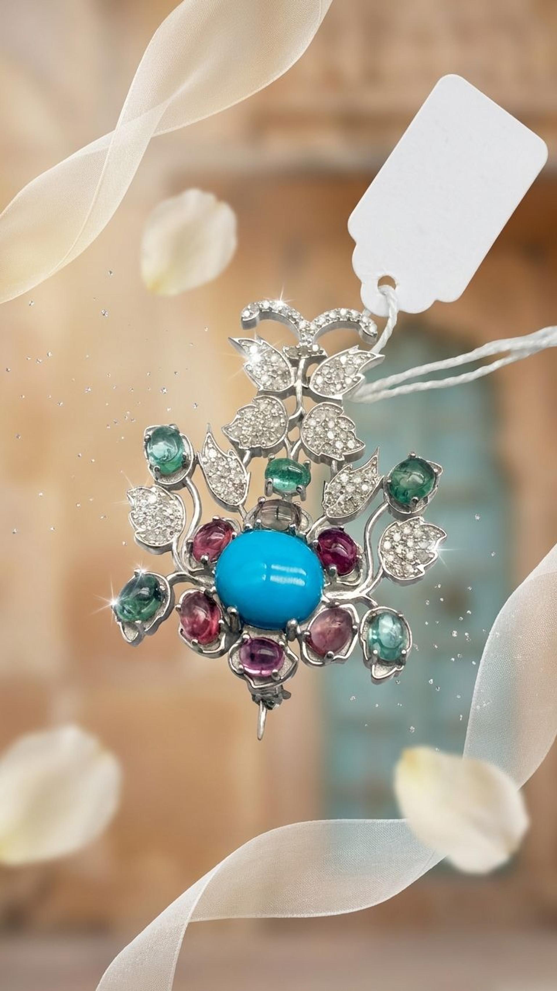Tourmaline Turquoise Brooch view 3 — Brooches in 92.5 Sterling Silver