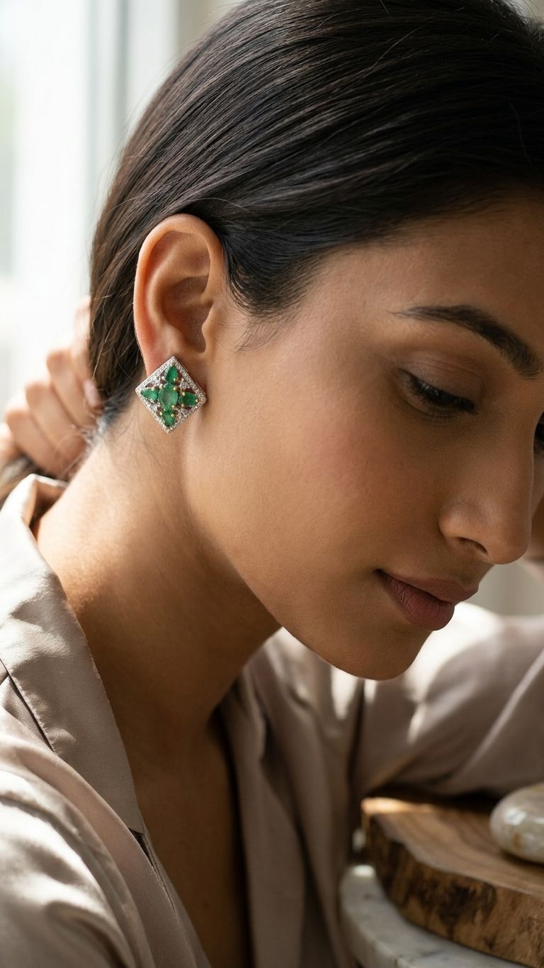 Emerald Stud view 2 — Studs in 92.5 Sterling Silver