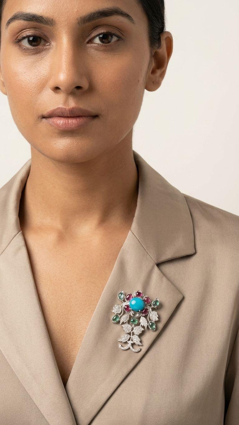 Tourmaline Tourmaline Turquoise Brooch — 92.5 Sterling Silver