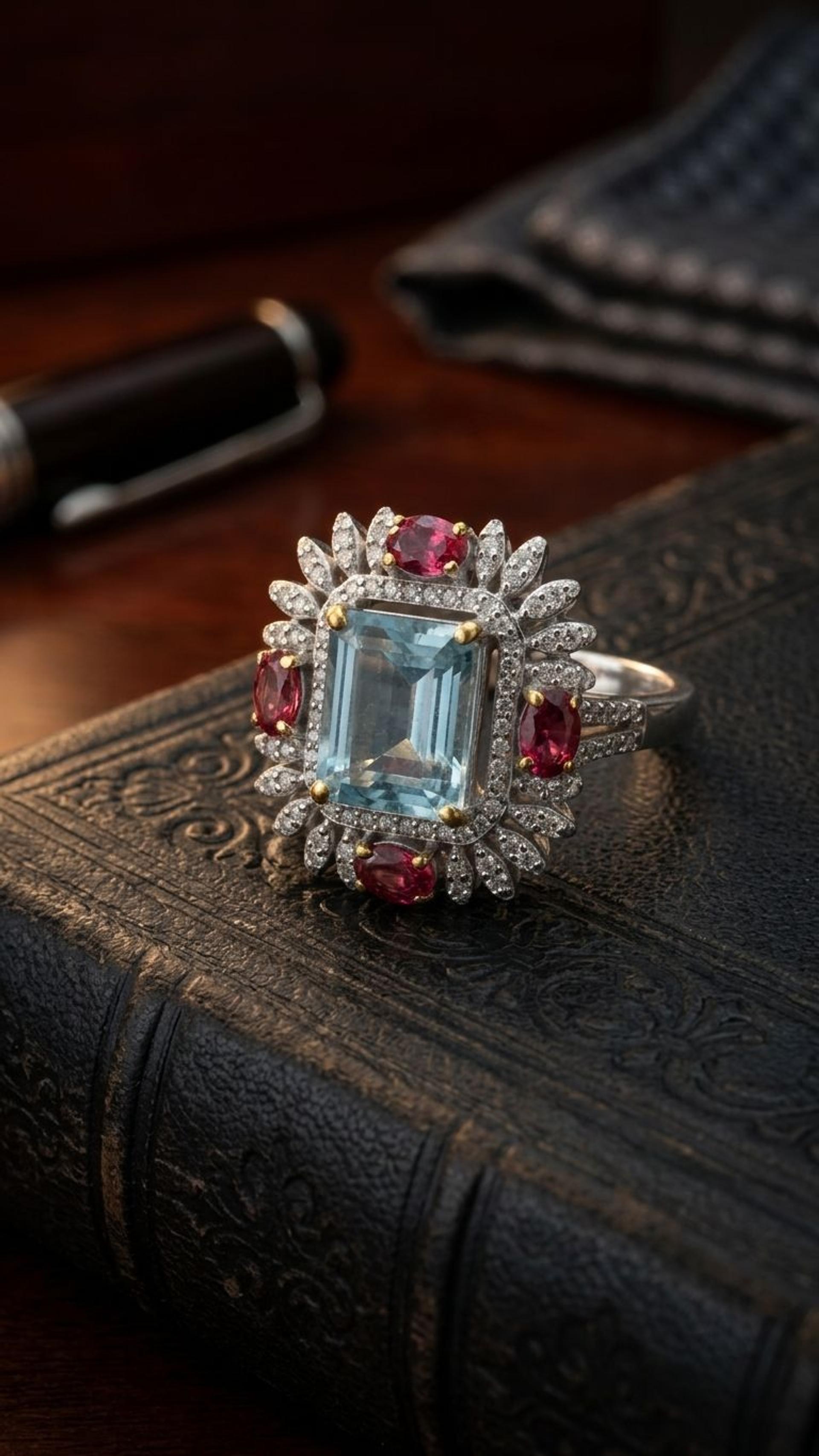 Aquamarine Multi Sapphire Ring view 4 — Rings in 92.5 Sterling Silver
