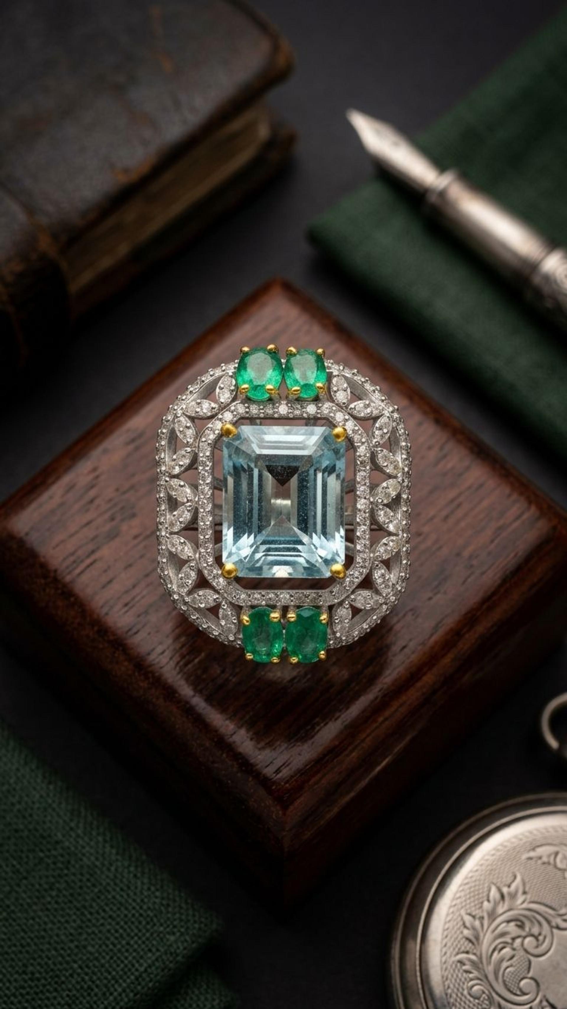 Aquamarine Emerald Ring view 2 — Rings in 92.5 Sterling Silver