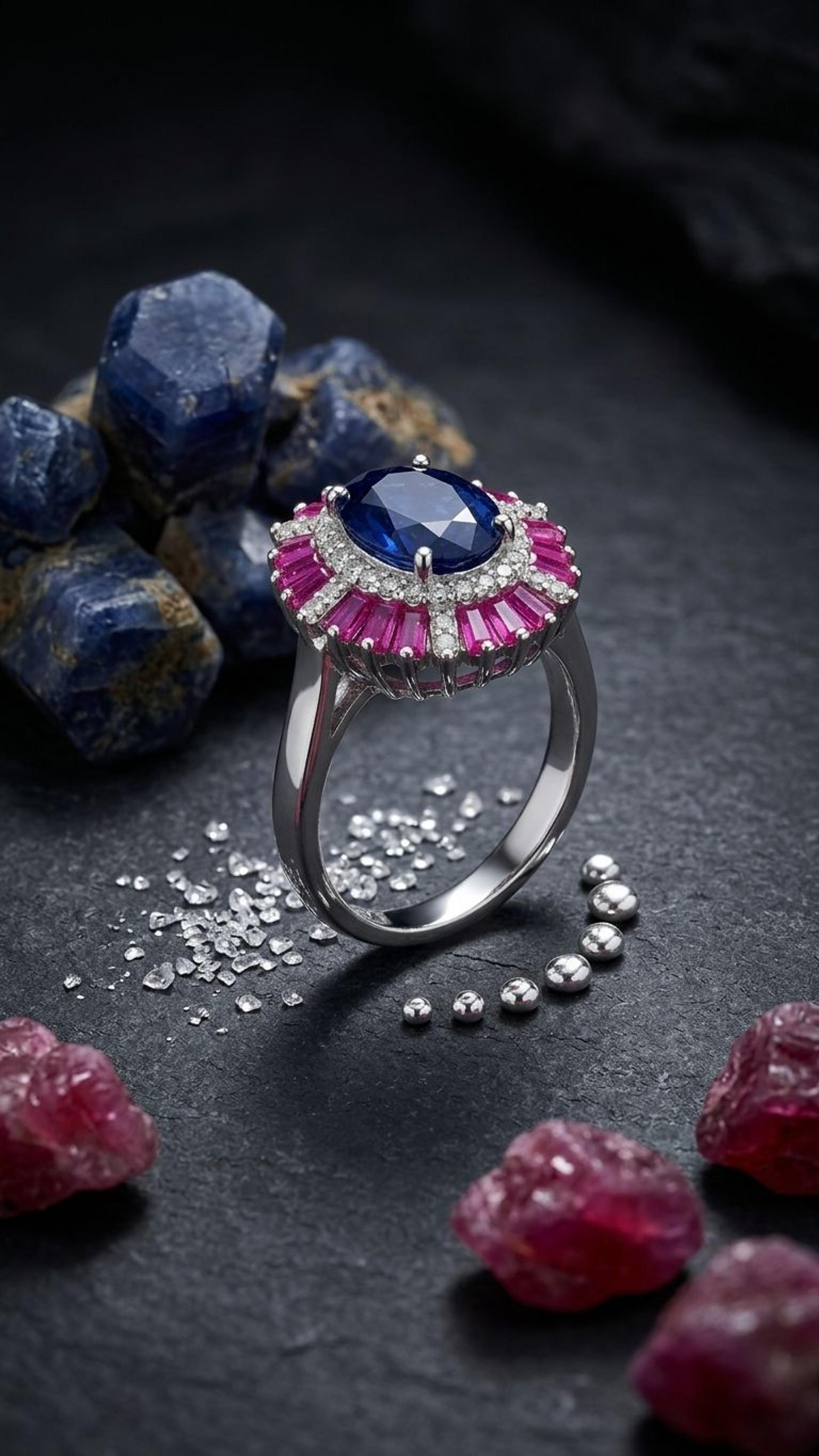 Blue Sapphire Ruby Ring view 2 — Rings in 92.5 Sterling Silver