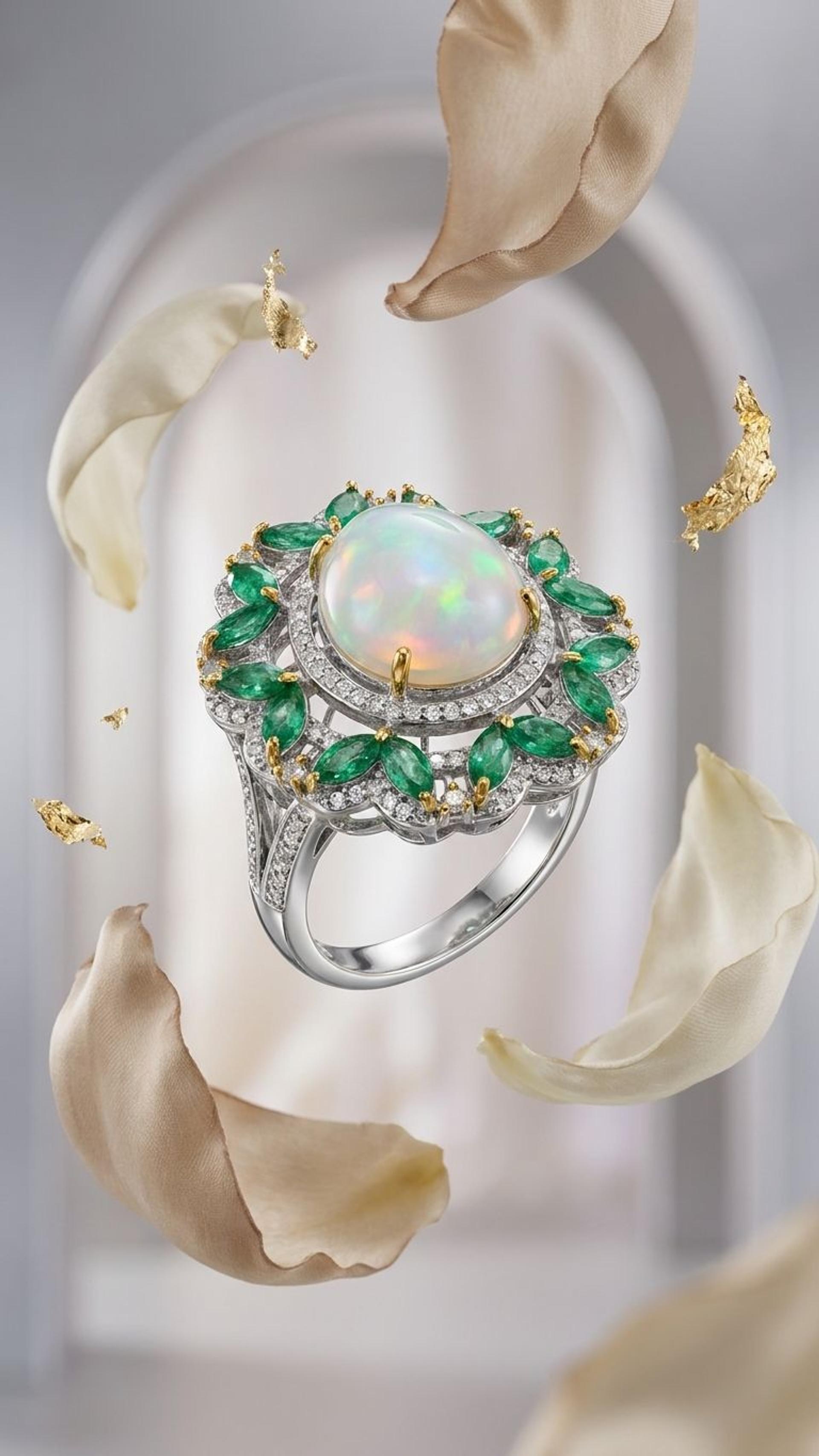 Emerald White Opal Ring view 3 — Rings in 92.5 Sterling Silver