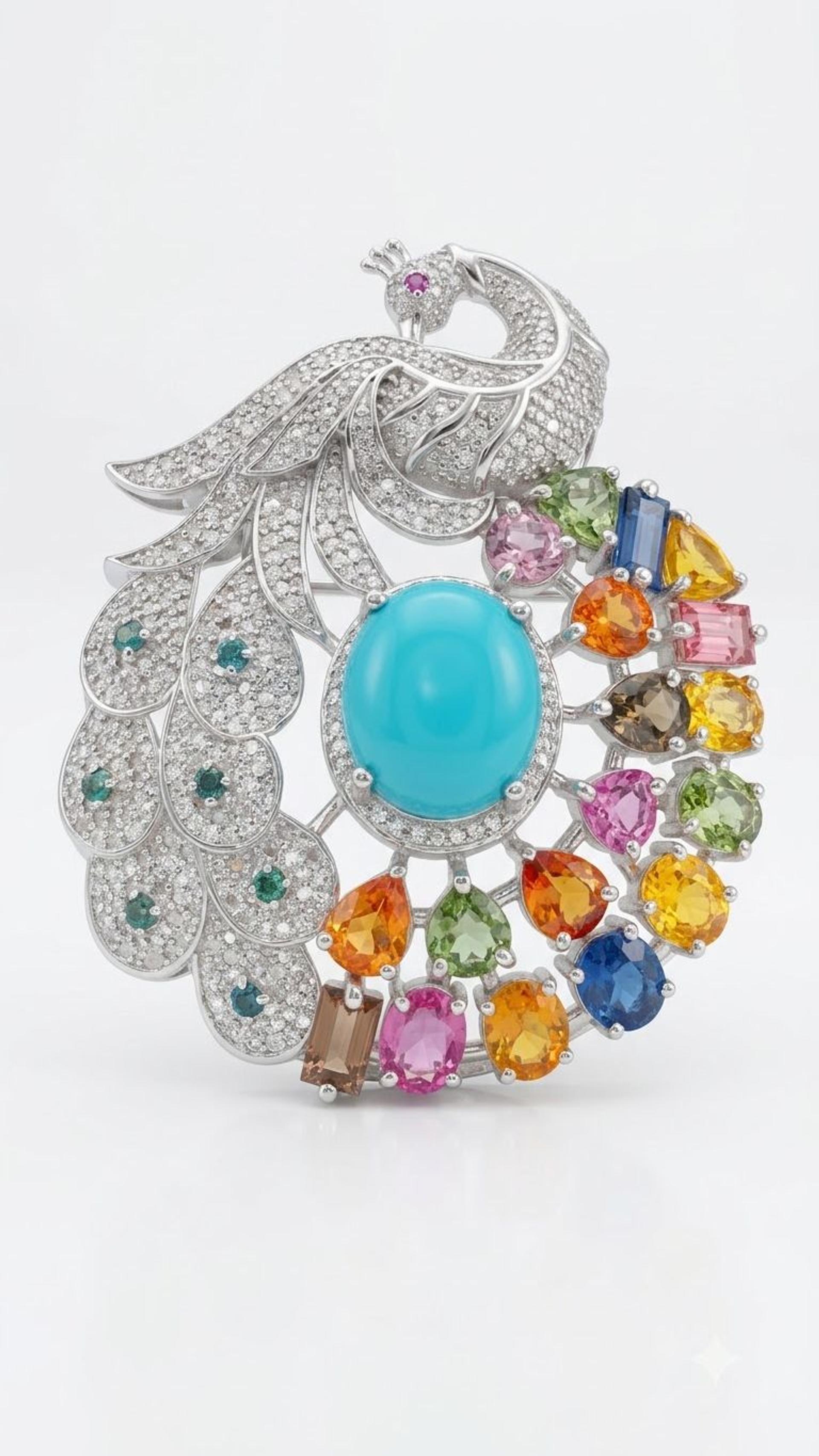 Multi Sapphire Turquoise Brooche view 2 — Brooches in 92.5 Sterling Silver
