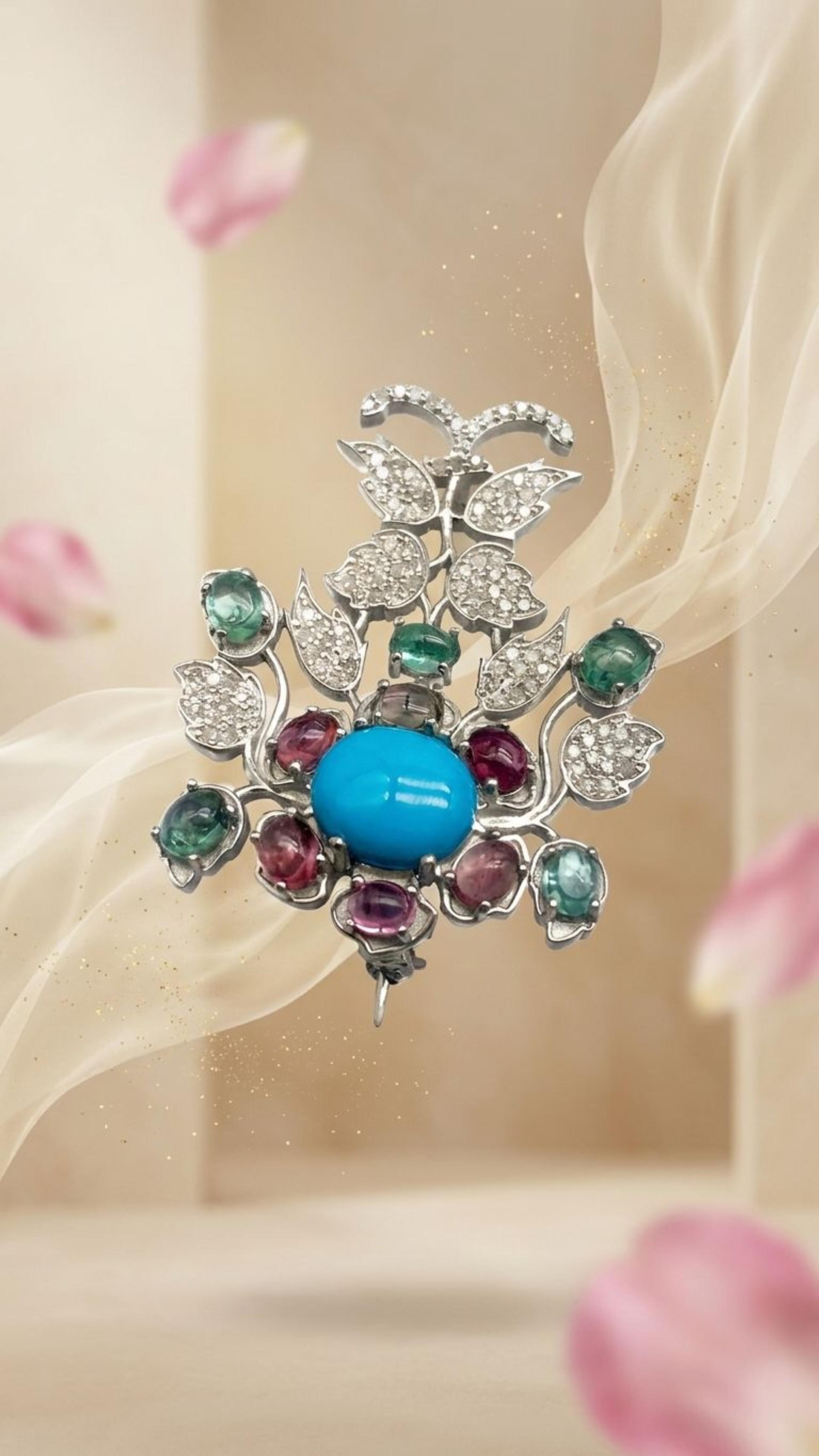 Tourmaline Turquoise Brooch view 2 — Brooches in 92.5 Sterling Silver