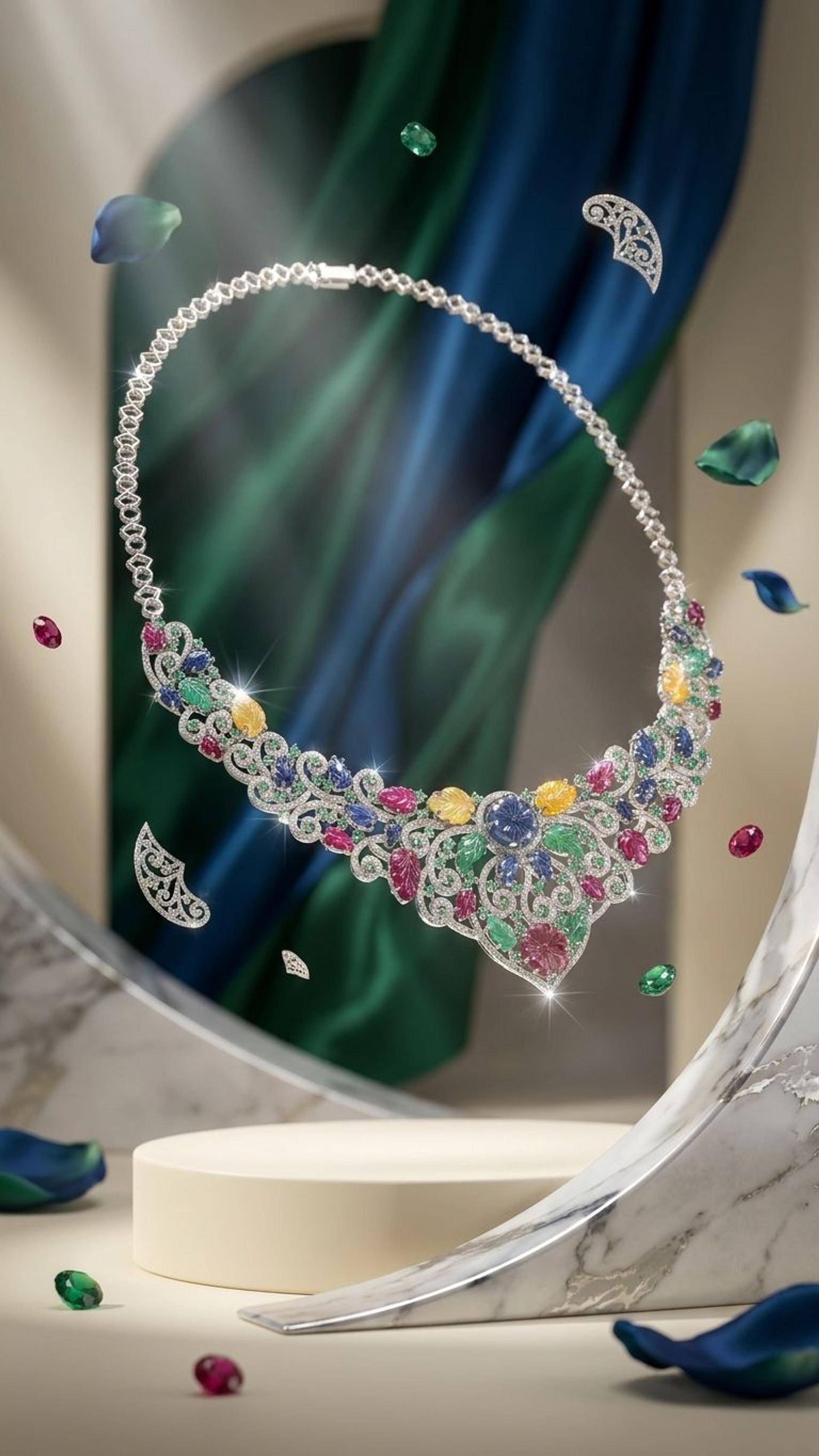 Emerald Multi Sapphire Necklace view 2 — Necklaces in 92.5 Sterling Silver