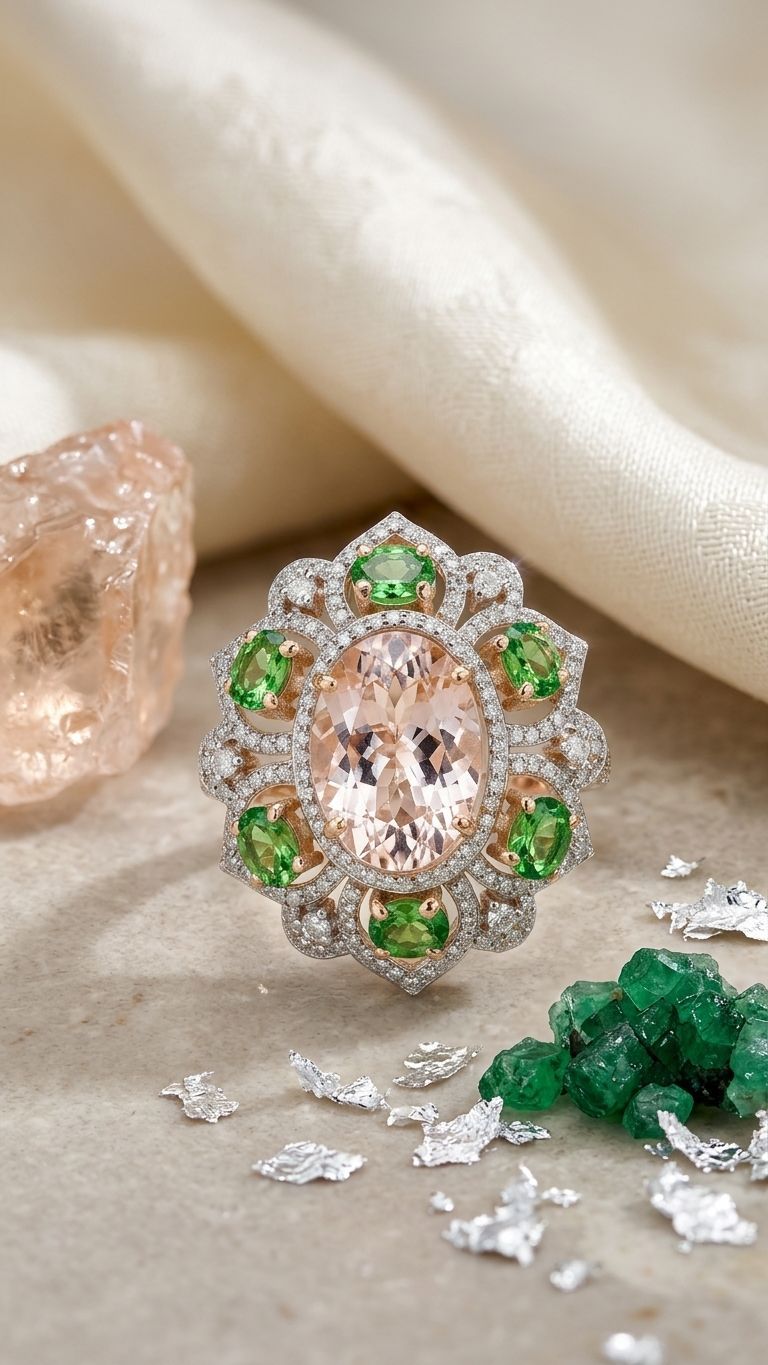 Morganite Stone Tsavorite Ring view 4 — Rings in 92.5 Sterling Silver
