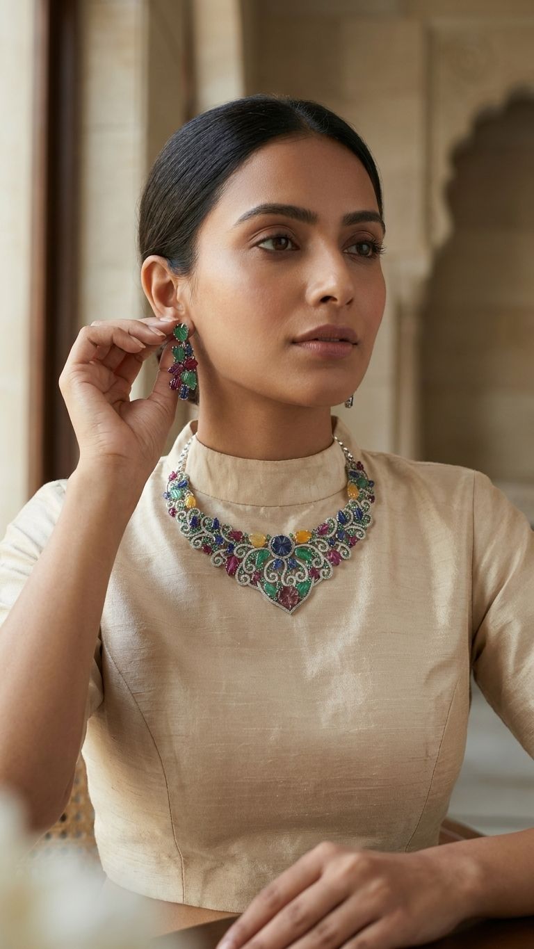 Emerald Multi Sapphire Necklace view 4 — Necklaces in 92.5 Sterling Silver