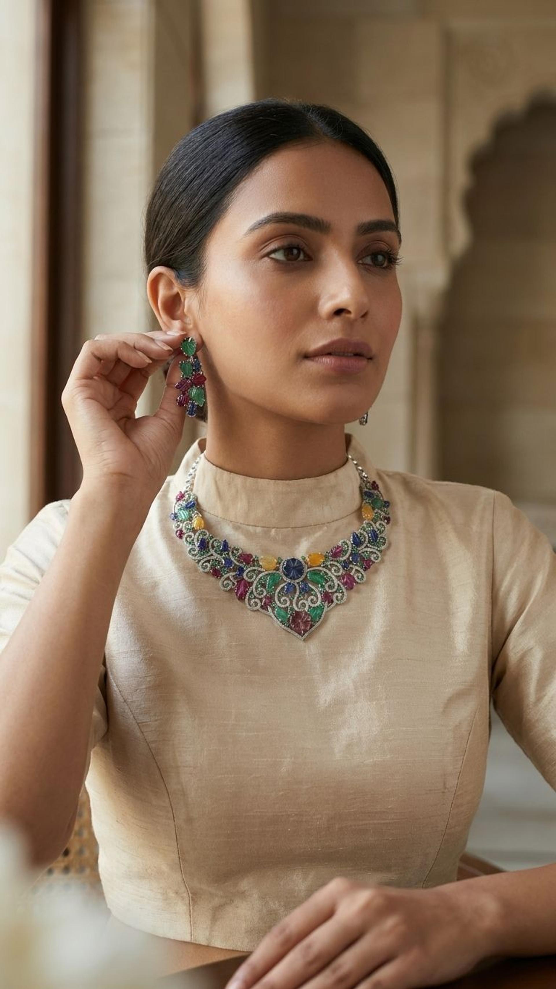 Emerald Multi Sapphire Necklace view 4 — Necklaces in 92.5 Sterling Silver