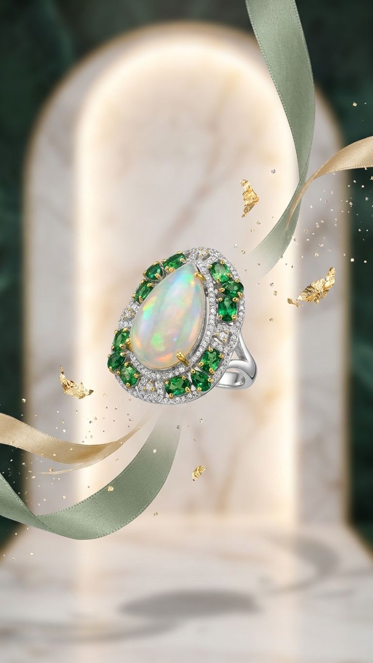 Tsavorite White Opal Ring view 4 — Rings in 92.5 Sterling Silver