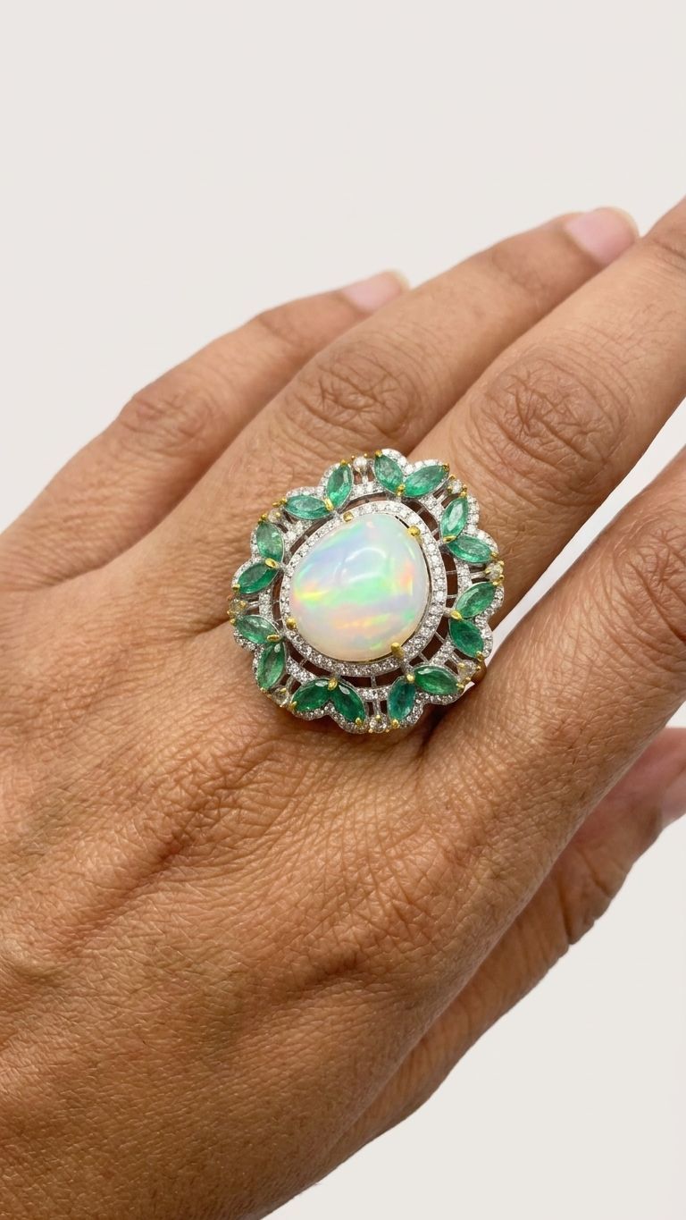 Emerald White opal Ring view 2 — Rings in 92.5 Sterling Silver