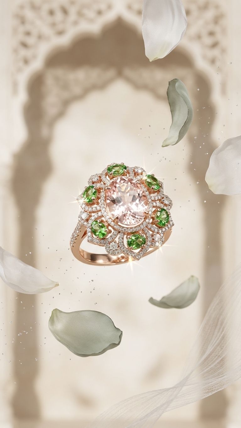 Morganite Stone Tsavorite Ring view 3 — Rings in 92.5 Sterling Silver