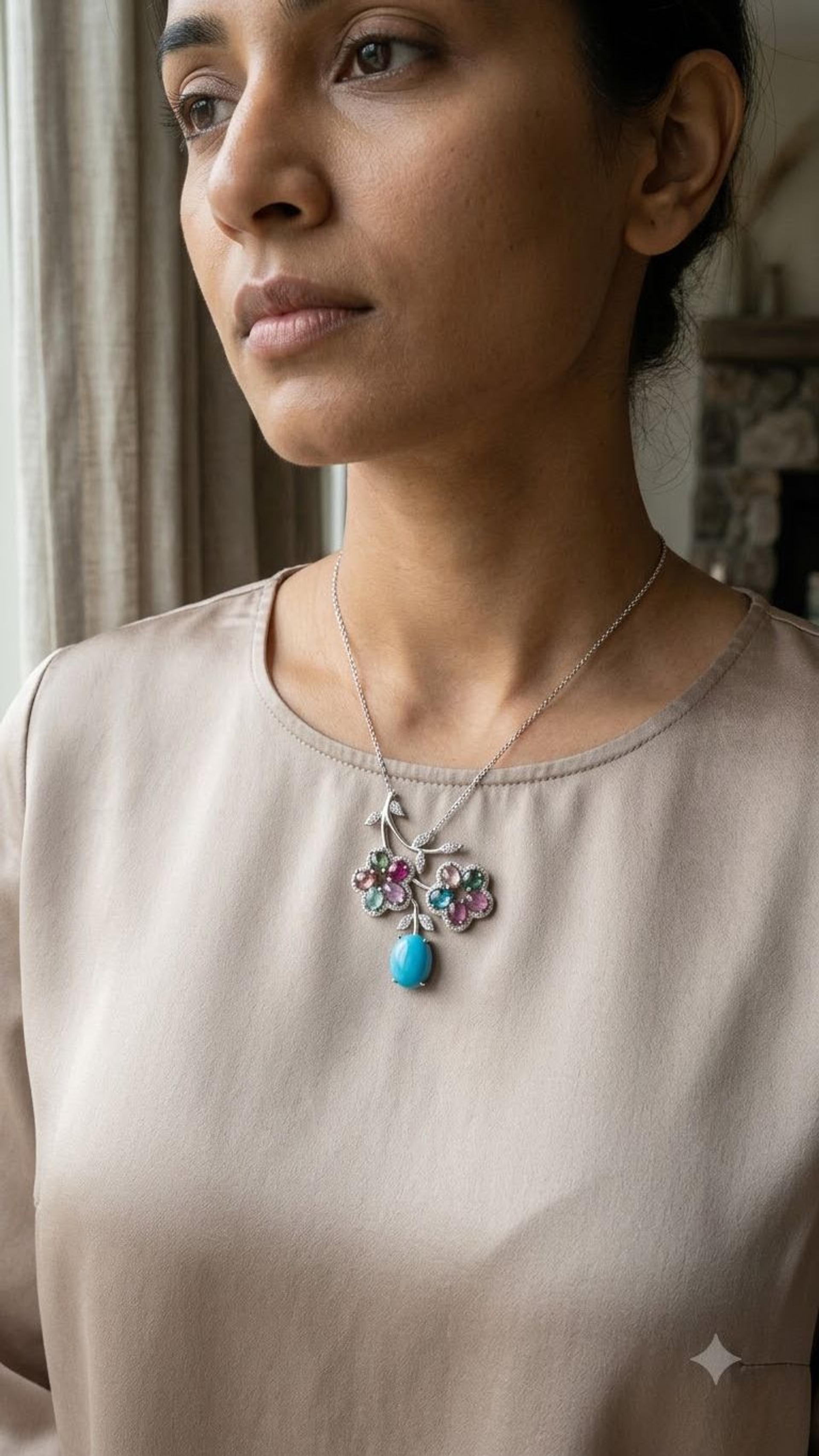 Tourmaline Tourmaline Turquoise Brooche in 92.5 Sterling Silver — Surya Jewellers Jaipur