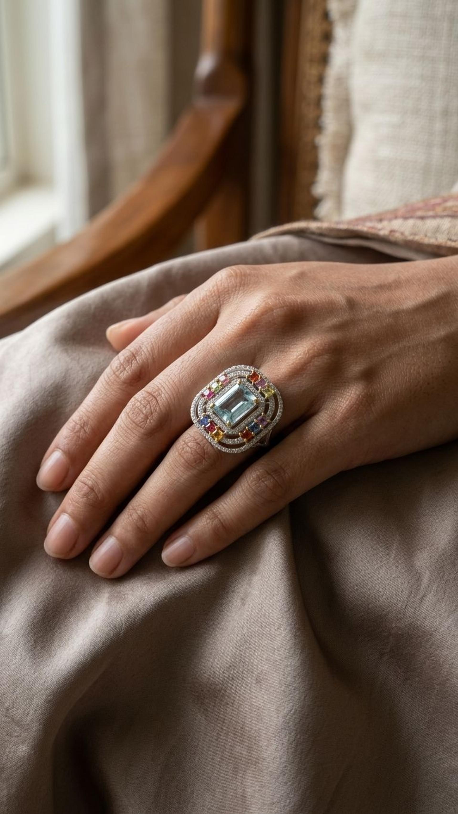 Aquamarine Multi Sapphire Ring view 4 — Rings in 92.5 Sterling Silver