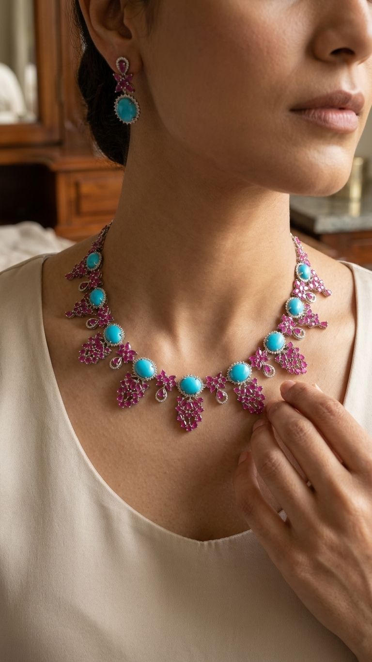 Natural ruby Turquoise Necklace view 4 — Necklaces in 92.5 Sterling Silver