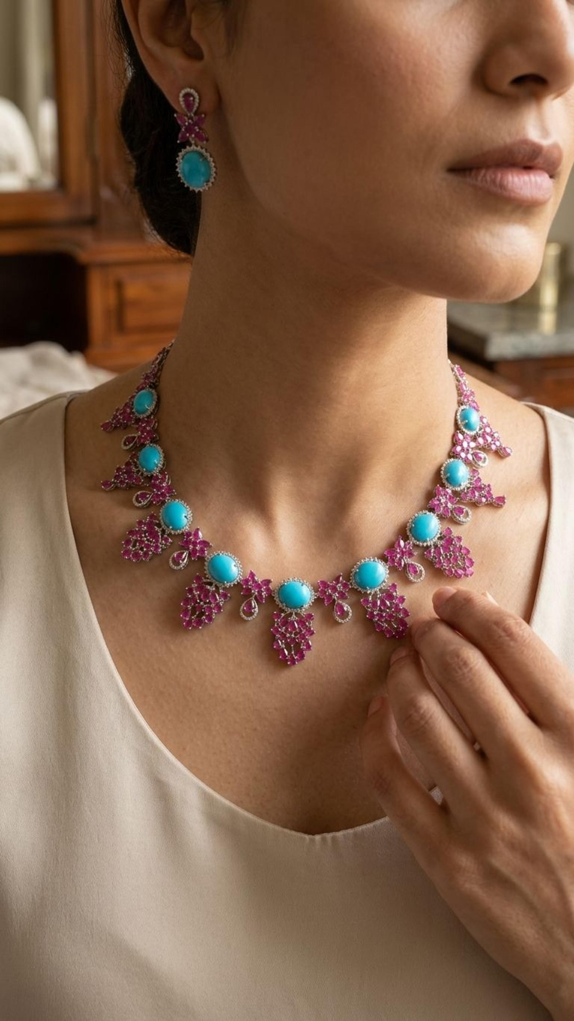 Natural Ruby Turquoise Necklace view 4 — Necklaces in 92.5 Sterling Silver